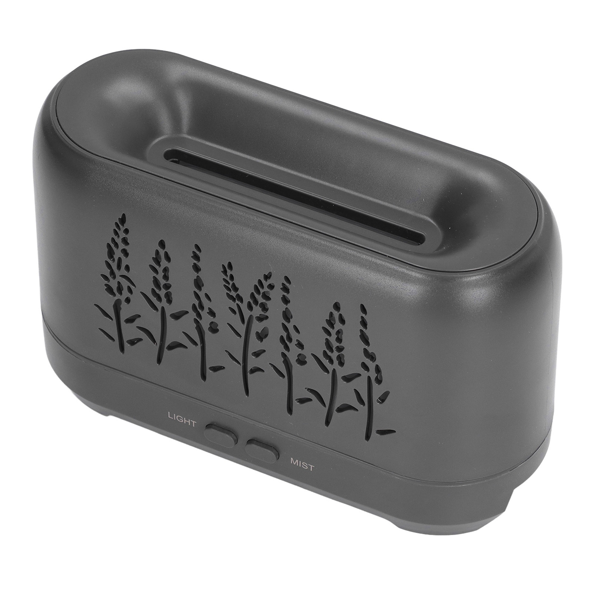 Schwarzer, rechteckiger Aromadiffusor mit Lavendel-Design. Es hat 