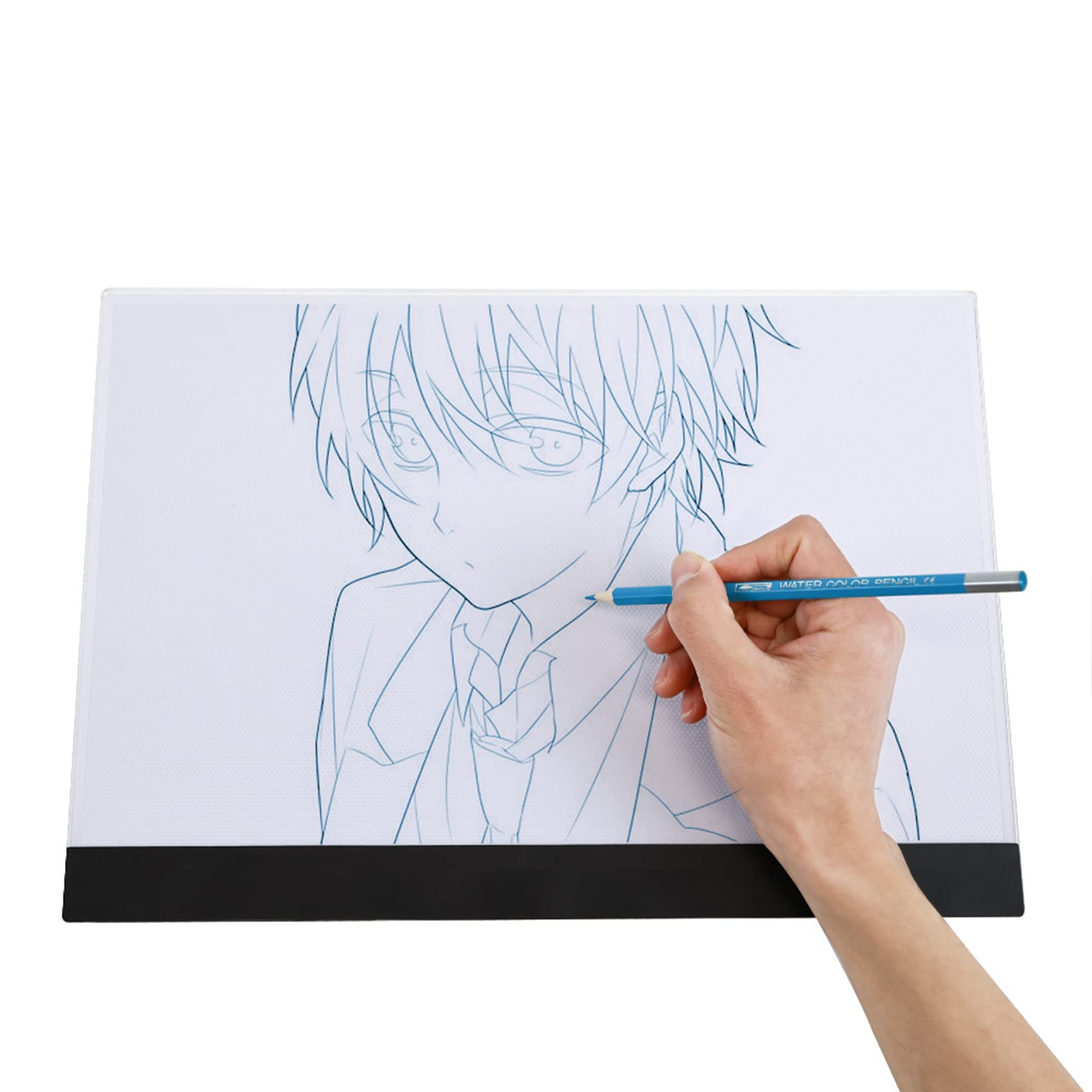 Una mano dibuja un personaje de anime en una tableta luminosa con un lápiz azul.