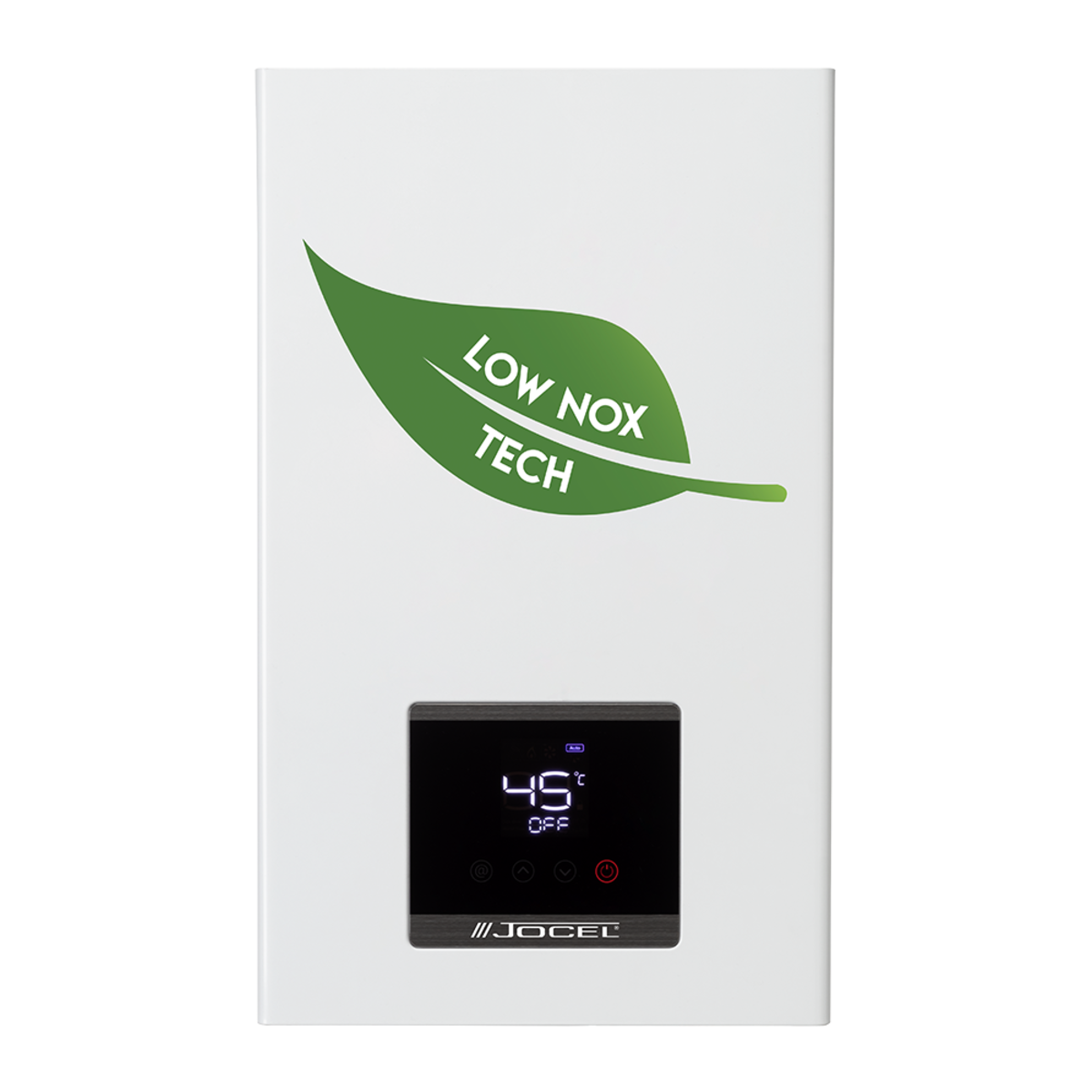 Calentador de agua blanco montado en la pared con pantalla digital y logotipo de hoja verde.