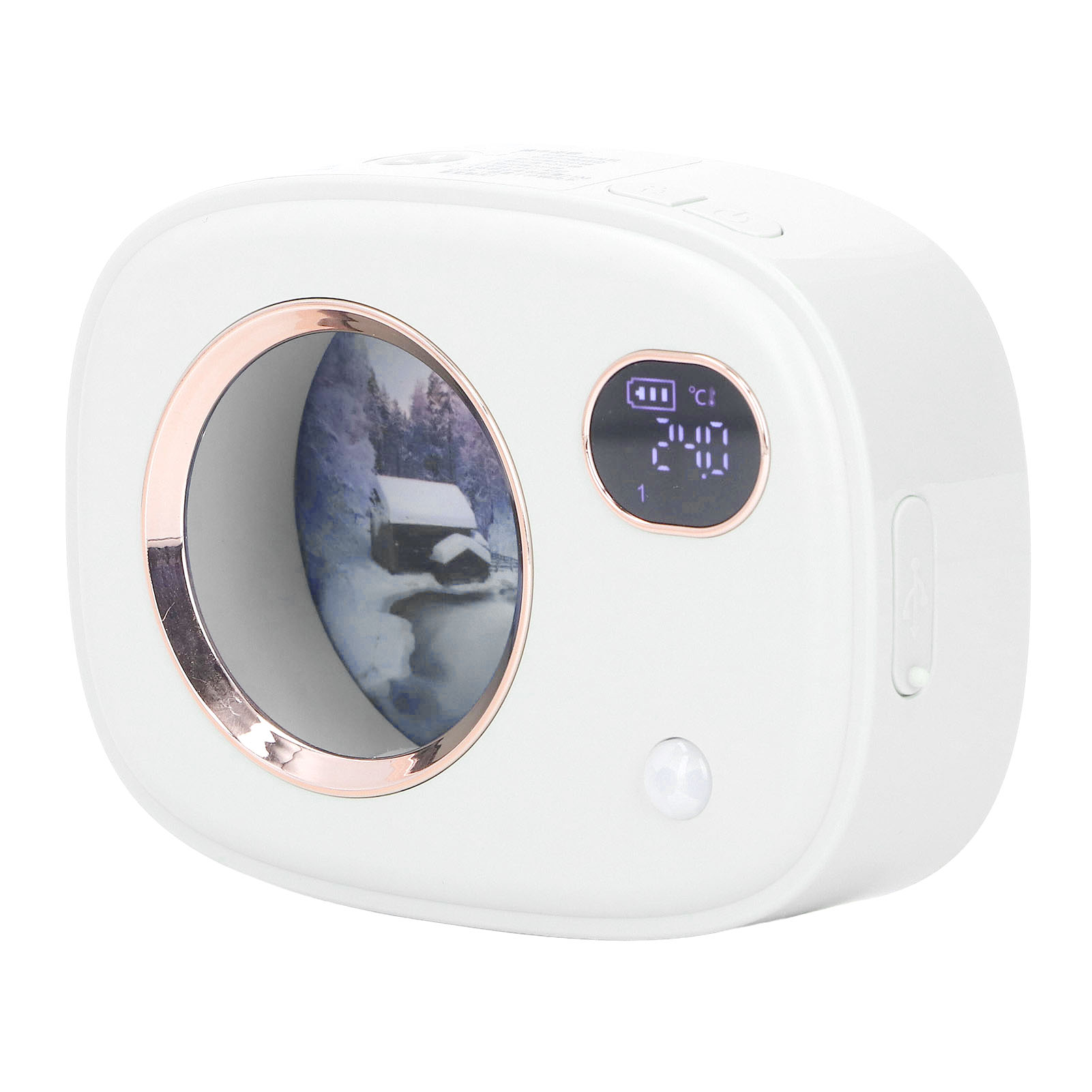 Weißes Gerät mit Display, das eine Winterszene zeigt, roségoldenem Rahmen und Sensor.