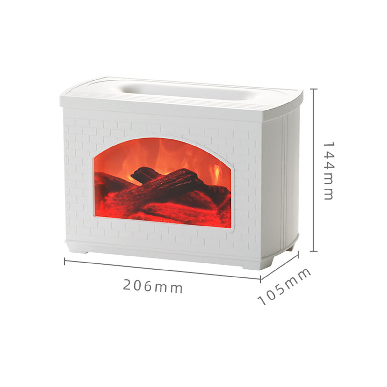 Weiße Kamin-Dekoration mit künstlichem Feuer und Größenangaben.