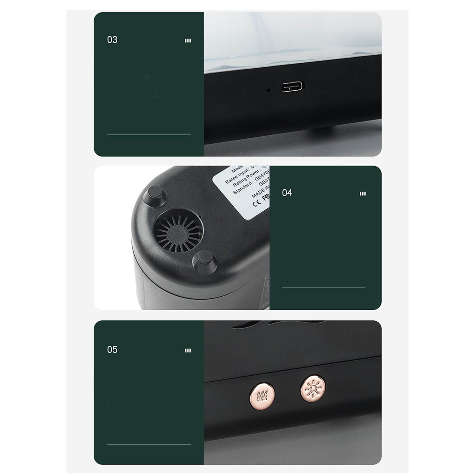 Nahaufnahmen eines schwarzen Geräts mit Knöpfen und einem USB-Anschluss, in einem Auto.