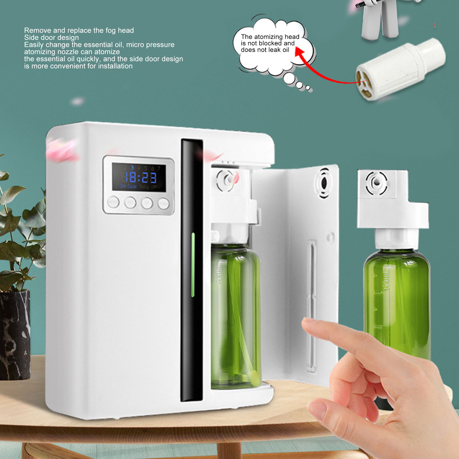 Weißer Aromatherapie-Diffusor mit grüner Flasche, digitaler Anzeige und Hand, die darauf zeigt.