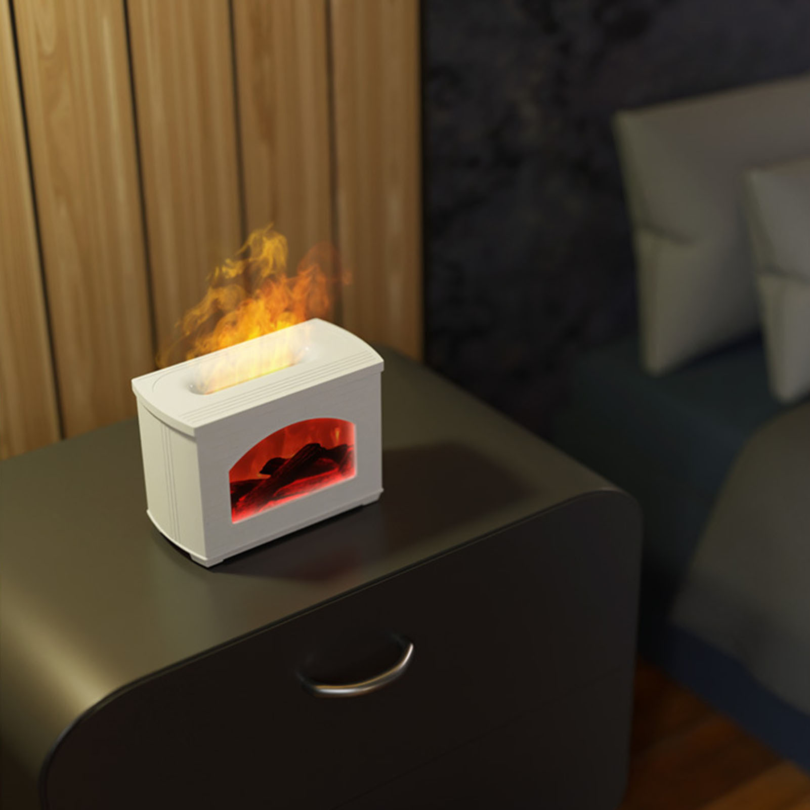 Ein weißer dekorativer Kamin mit einem künstlichen Flammeneffekt auf dunkler Oberfläche.