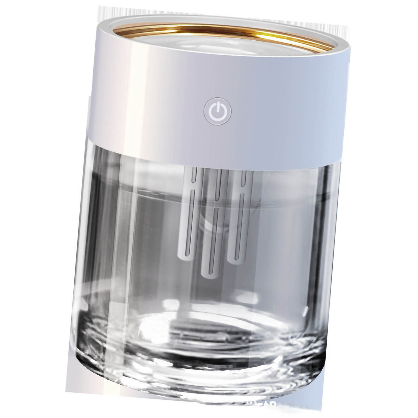 Klarer Glas-Luftbefeuchter mit weißem Deckel und Power-Taste, goldener Rand.