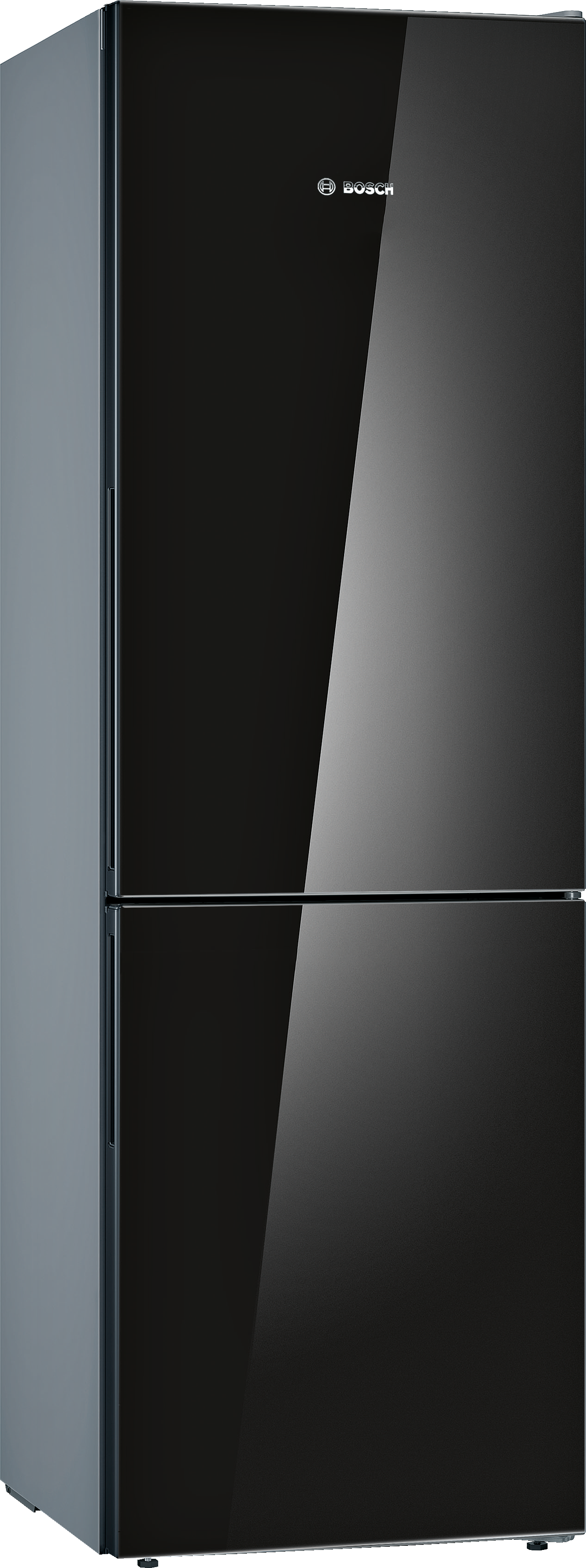 Ein moderner schwarzer Kühlschrank mit Glastür. Bosch-Logo auf der oberen Tür sichtbar.
