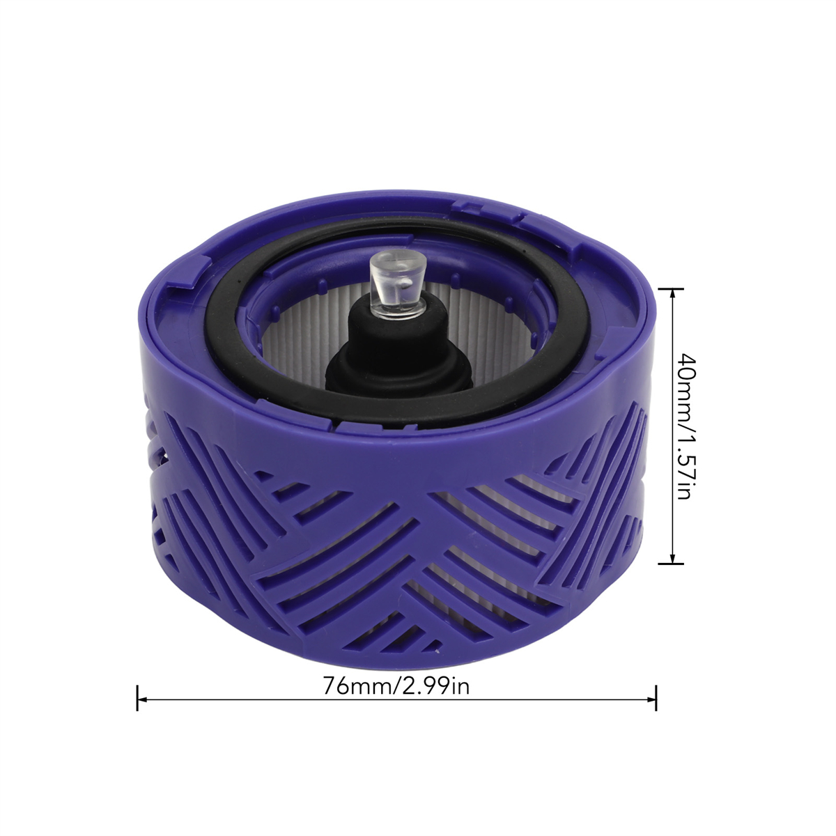 Blau-violetter Staubsaugerfilter mit Maßangaben.