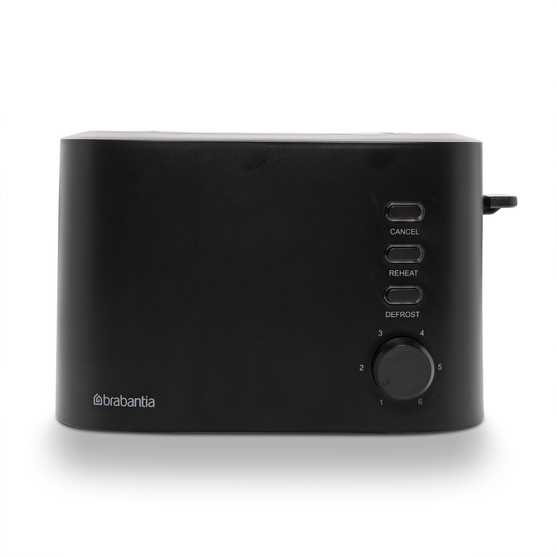 Ein schwarzer Brabantia-Toaster mit Bedienelementen für Abbrechen, Aufwärmen, Auftauen und Bräunungseinstellungen.