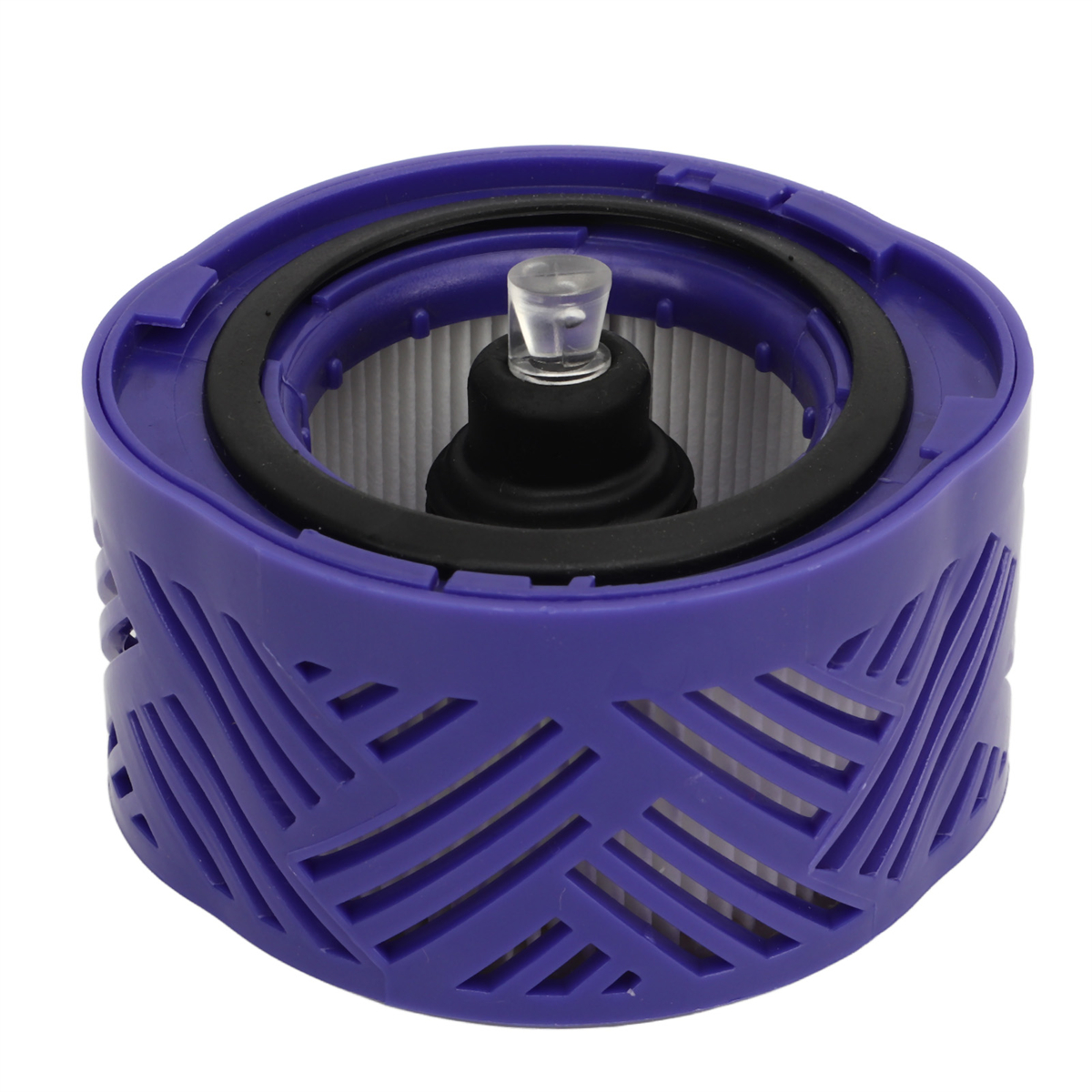 Lila-grauer Luftfilter mit schwarzem Ring und transparentem Mittelteil.
