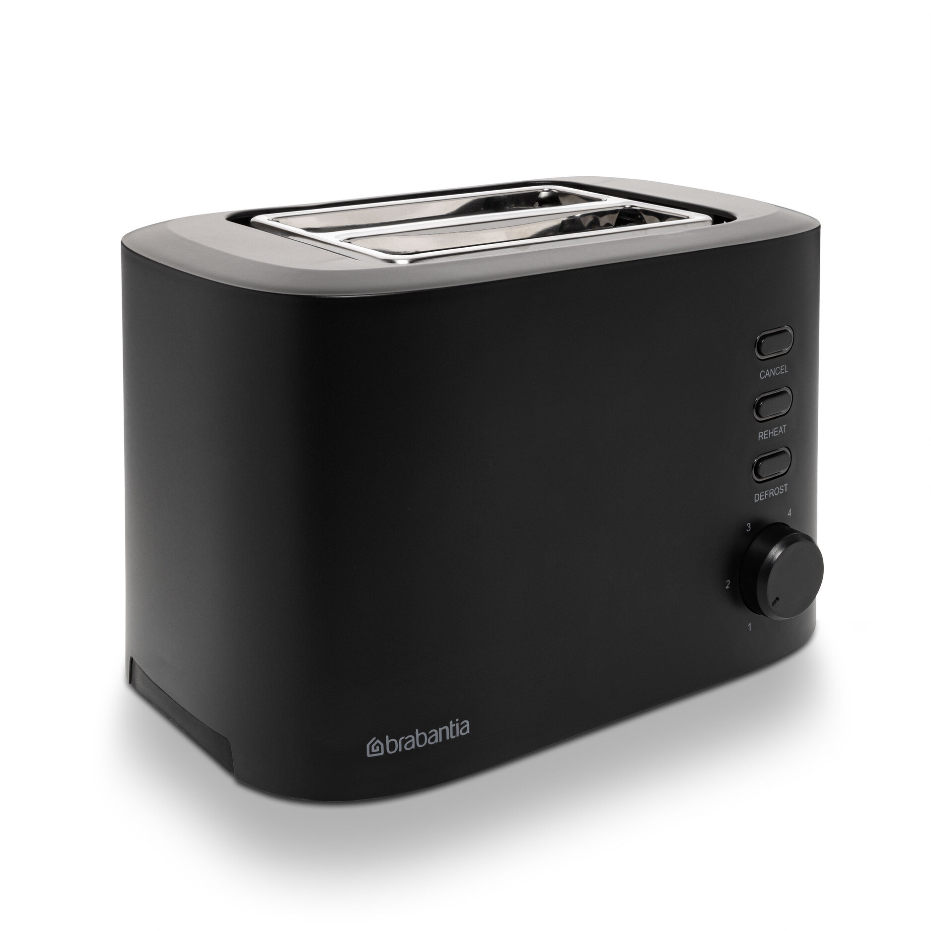 Ein schwarzer Toaster auf weißem Hintergrund. Es gibt vier Knöpfe und einen Drehknopf für Einstellungen.