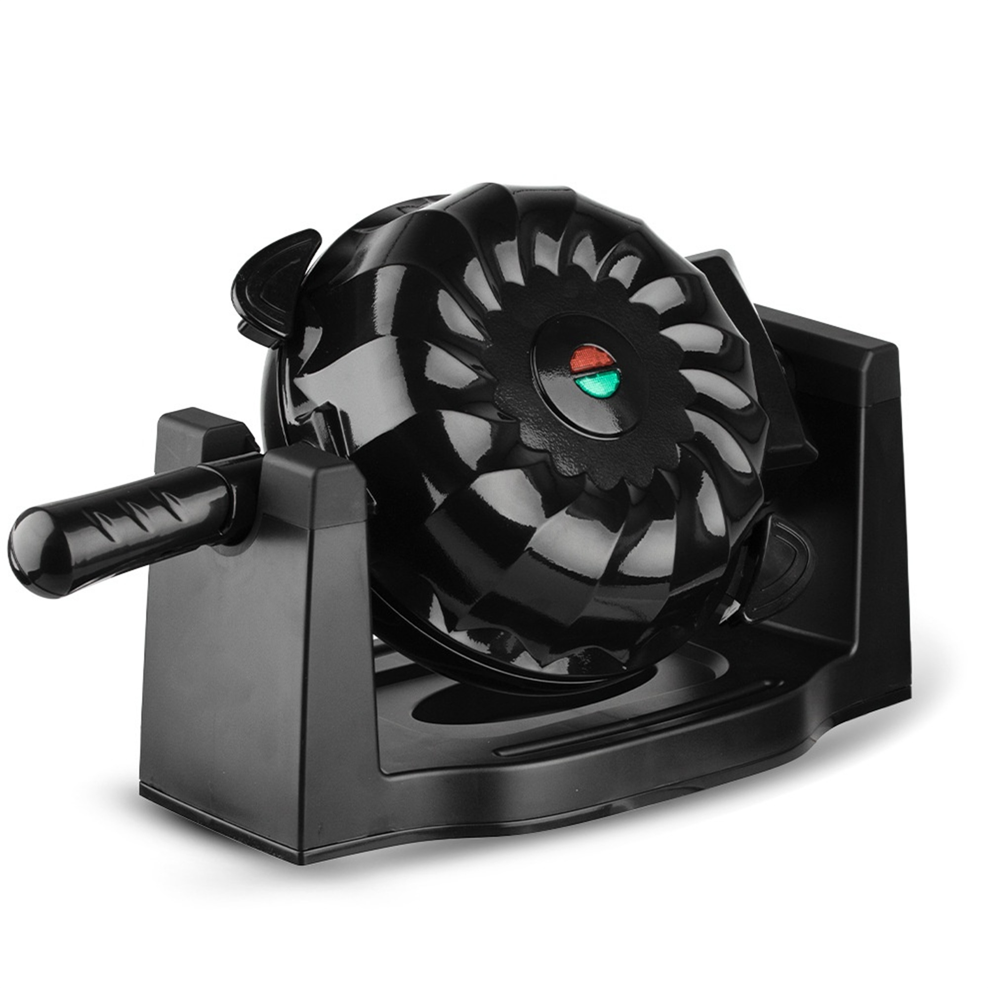 Ein schwarzes Waffeleisen. Der Deckel hat ein Spiralmuster, mit rotem und grünem Licht.