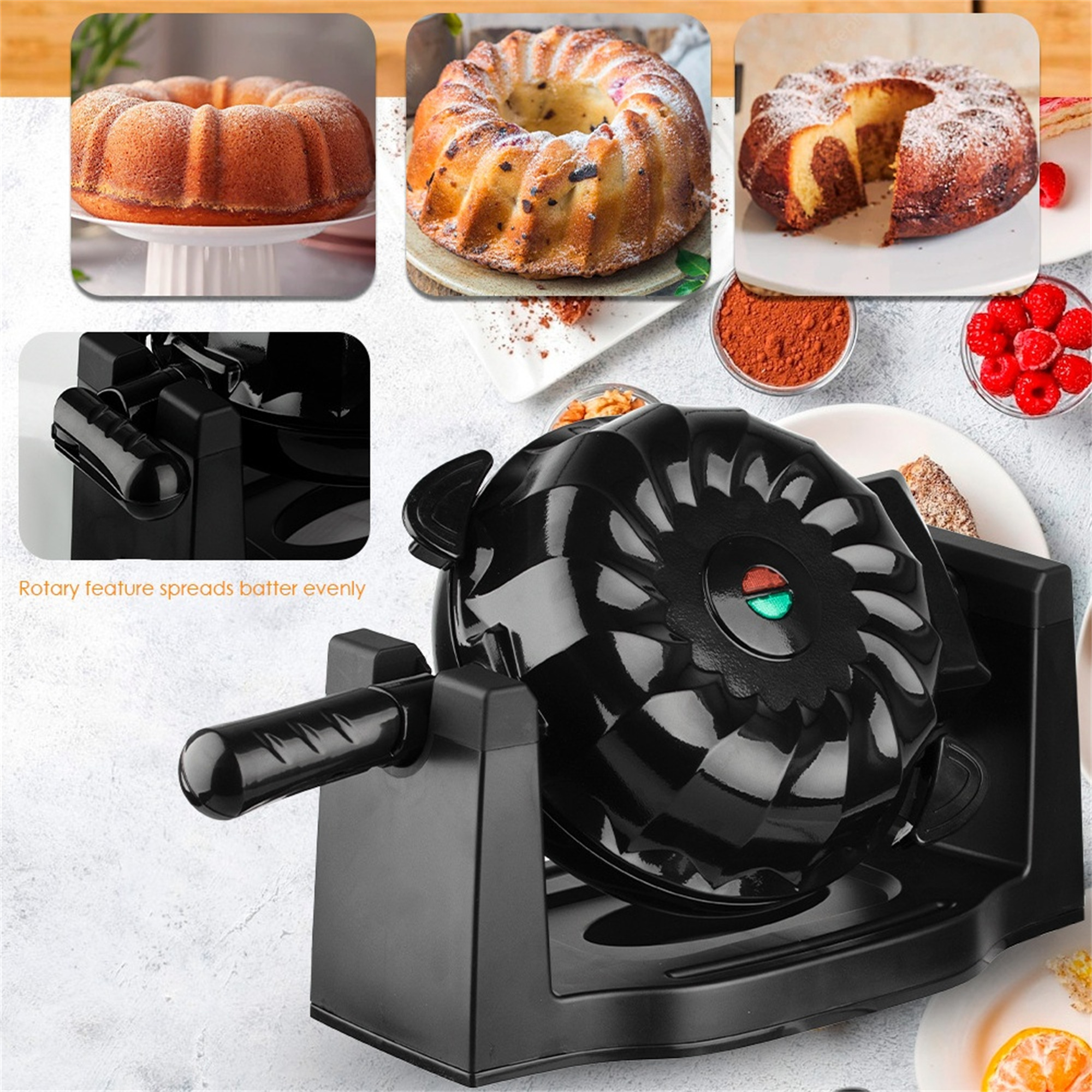 Schwarzer Waffeleisen mit Kuchenbildern. Drehfunktion verteilt den Teig gleichmäßig. Weißer Hintergrund.