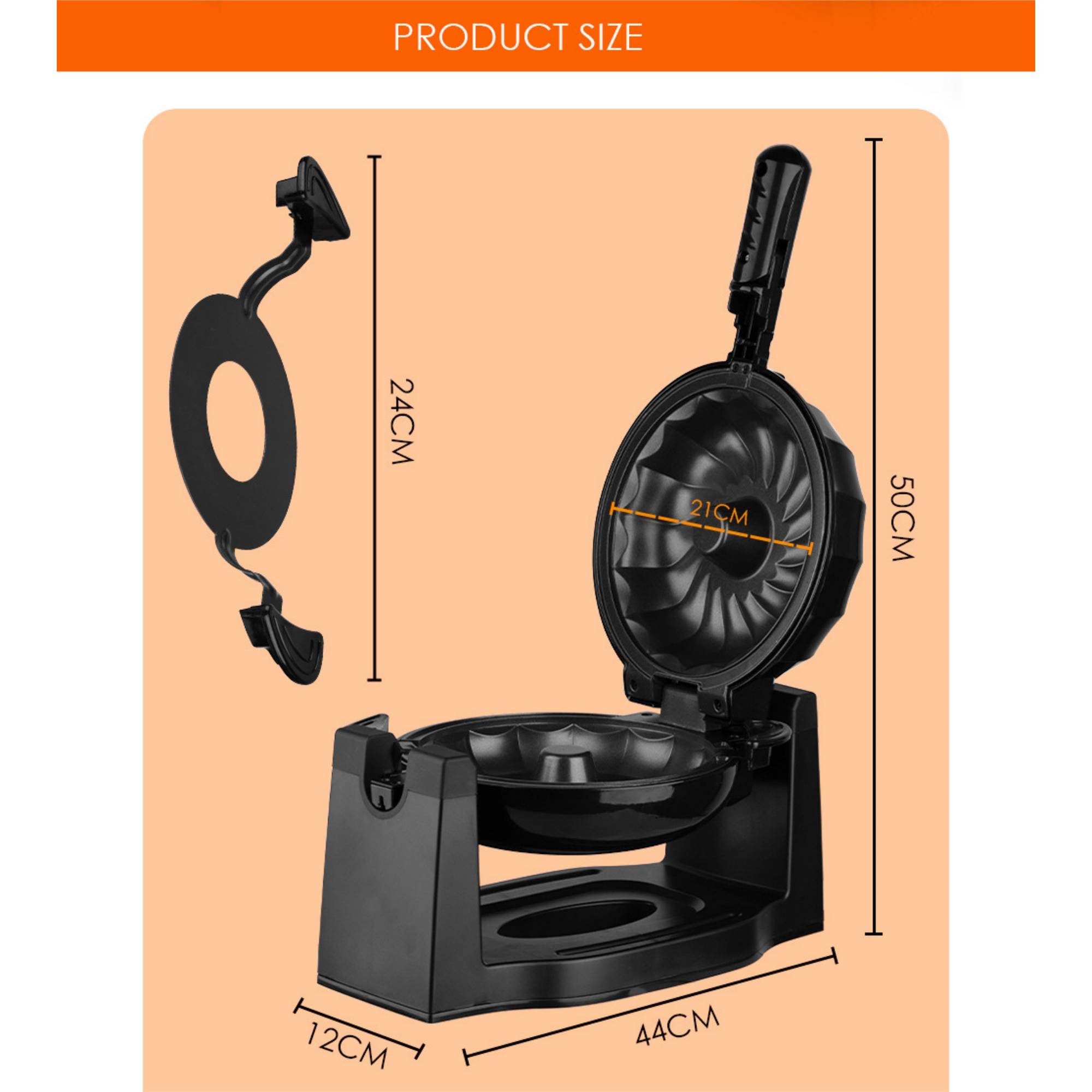 Ein schwarzes Küchengerät mit runder Öffnung und Griff, mit Produktgrößenabmessungen.
