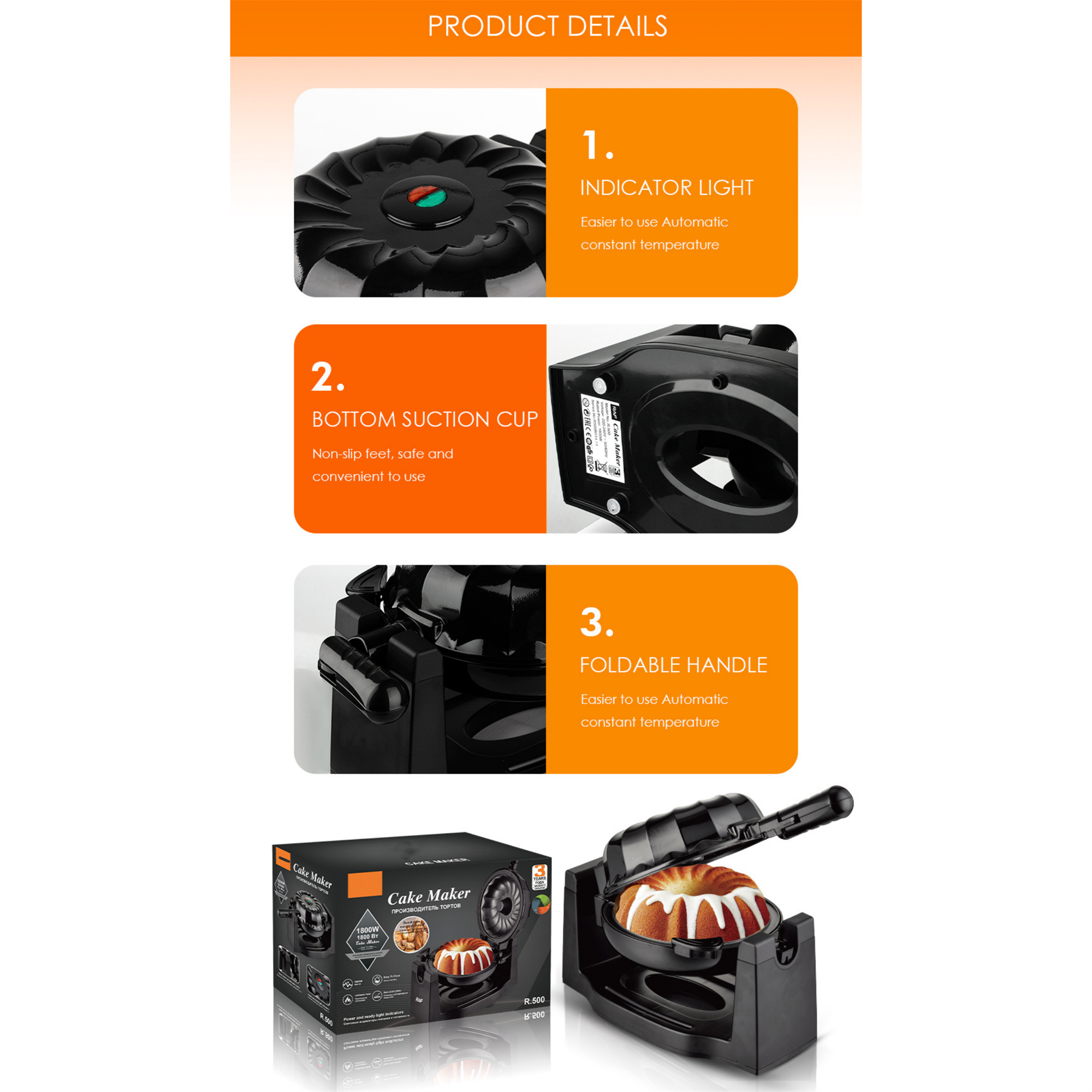 Kuchenmacher Produktdetails. Enthält Kontrollleuchte, Bodensaugnapf und klappbaren Griff. Schwarz und Orange.