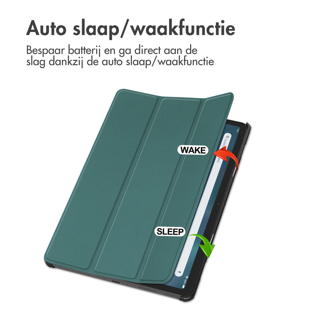 A tablet with a green cover, showing sleep and wake functions, with open cover on a white surface.