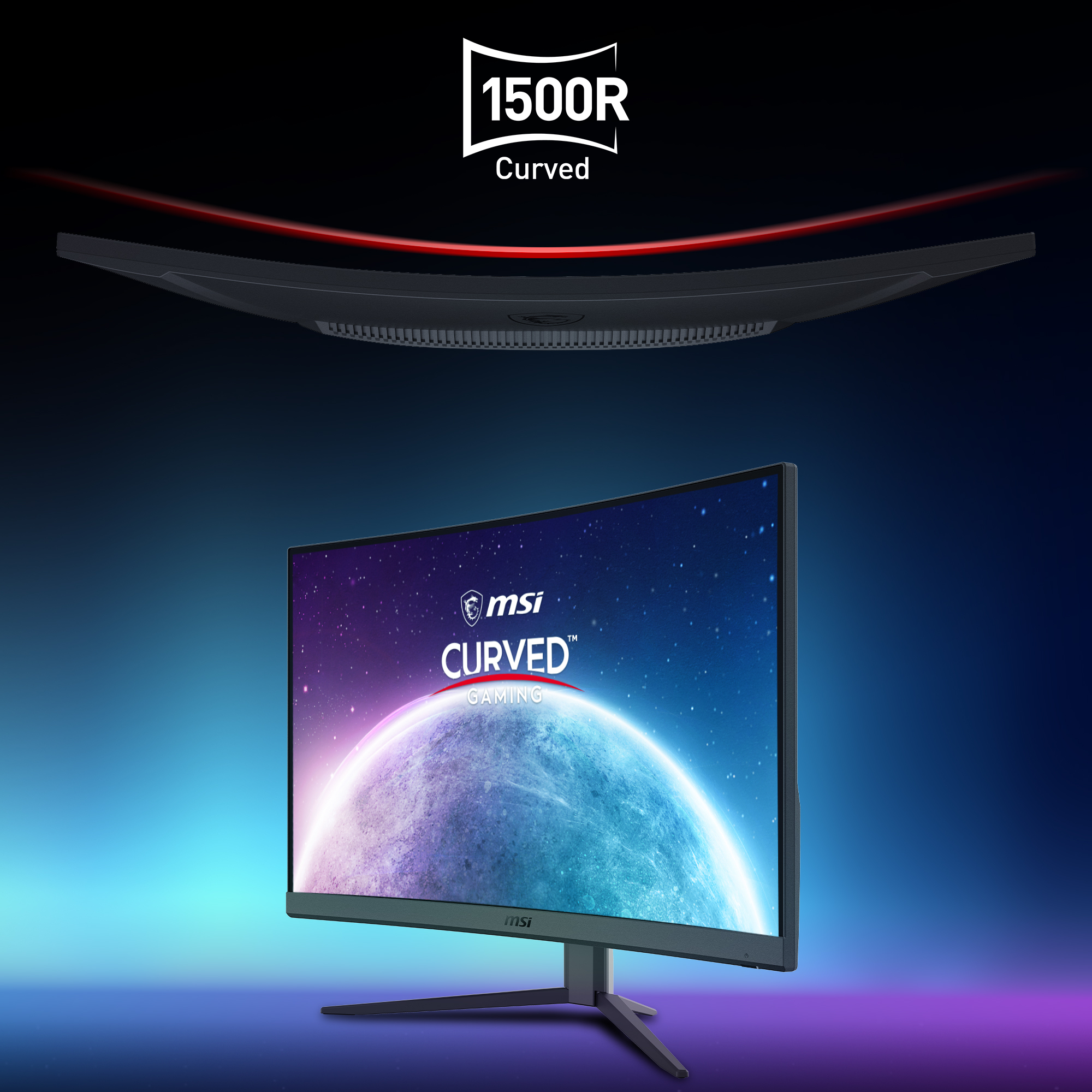 Monitor gaming curvo con testo "CURVED GAMING" e "1500R Curved". Sfondo blu.