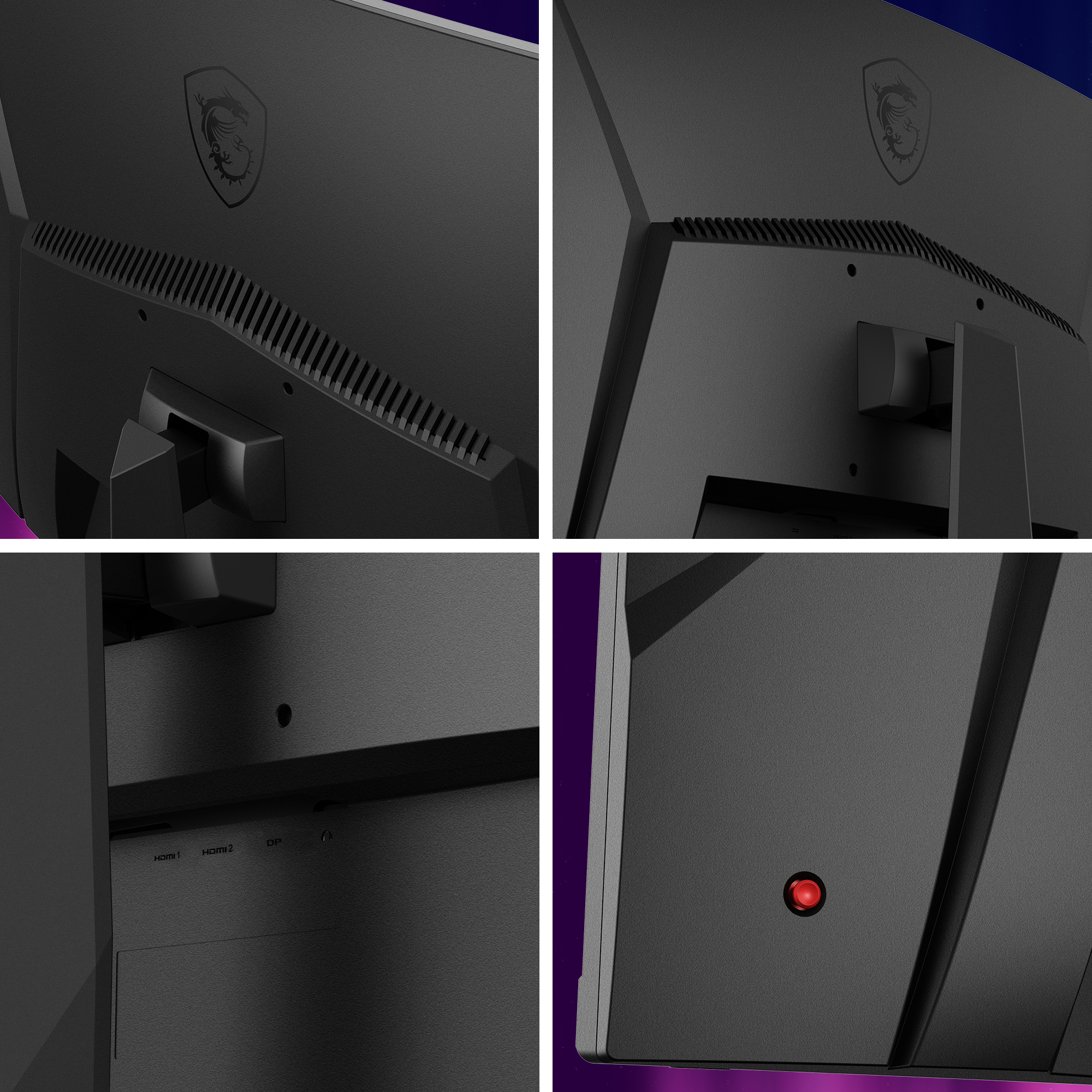 Un primo piano del retro di un monitor nero, che mostra le prese d'aria e un logo.