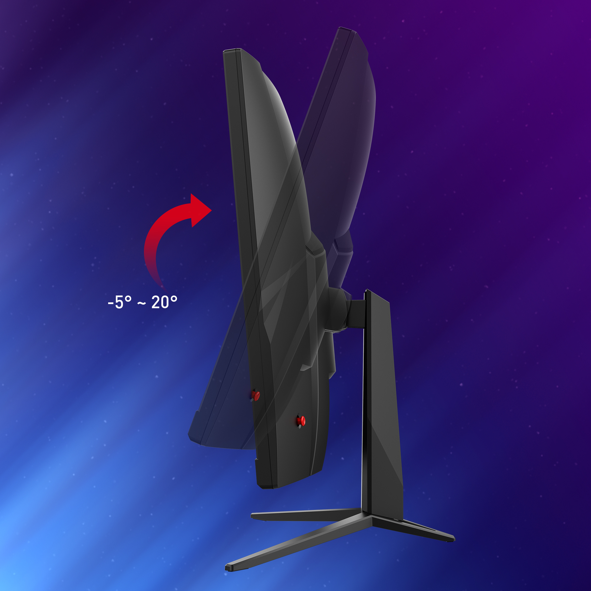 Monitor nero con supporto, leggermente inclinato, con freccia rossa che indica l'angolo.