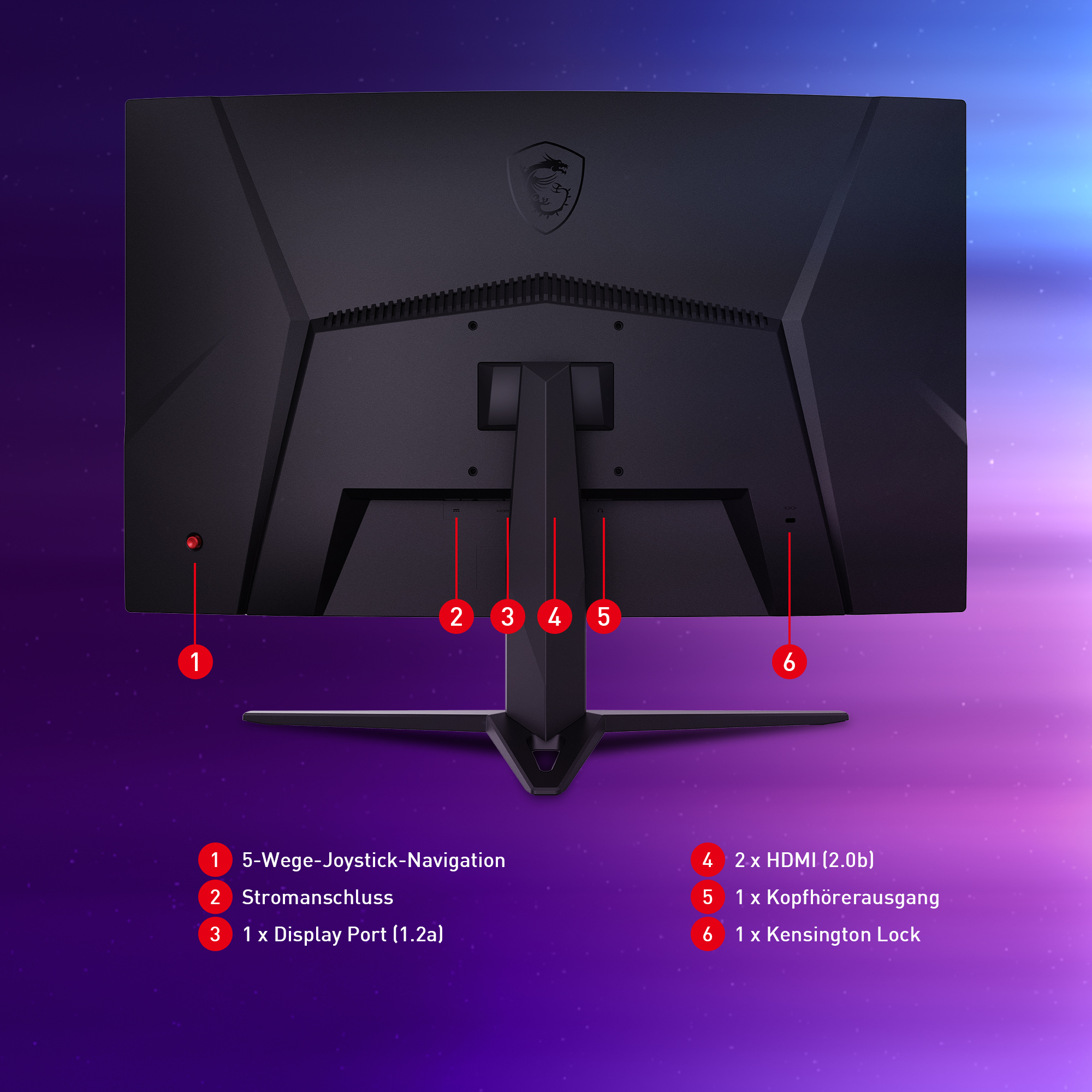 Retro di un monitor nero con porte e supporto. Ci sono etichette numerate.