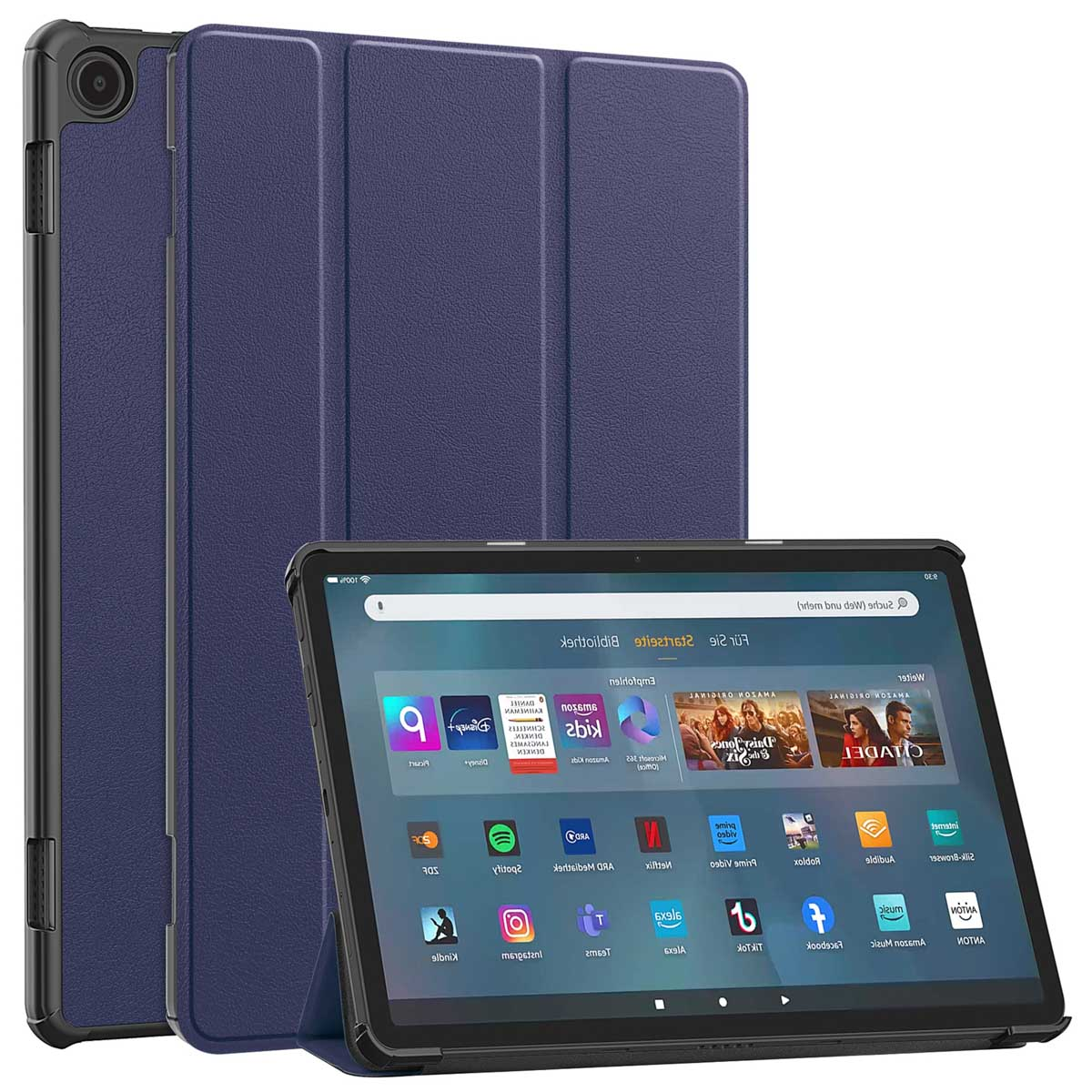 Tablet in a dark blue case. The screen displays a variety of app icons.
