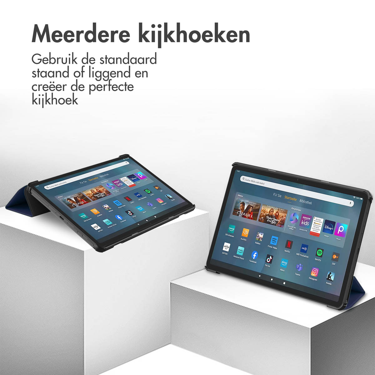 Two tablets with text, one flat, one angled.  Text says Meerder kijkhoeken.