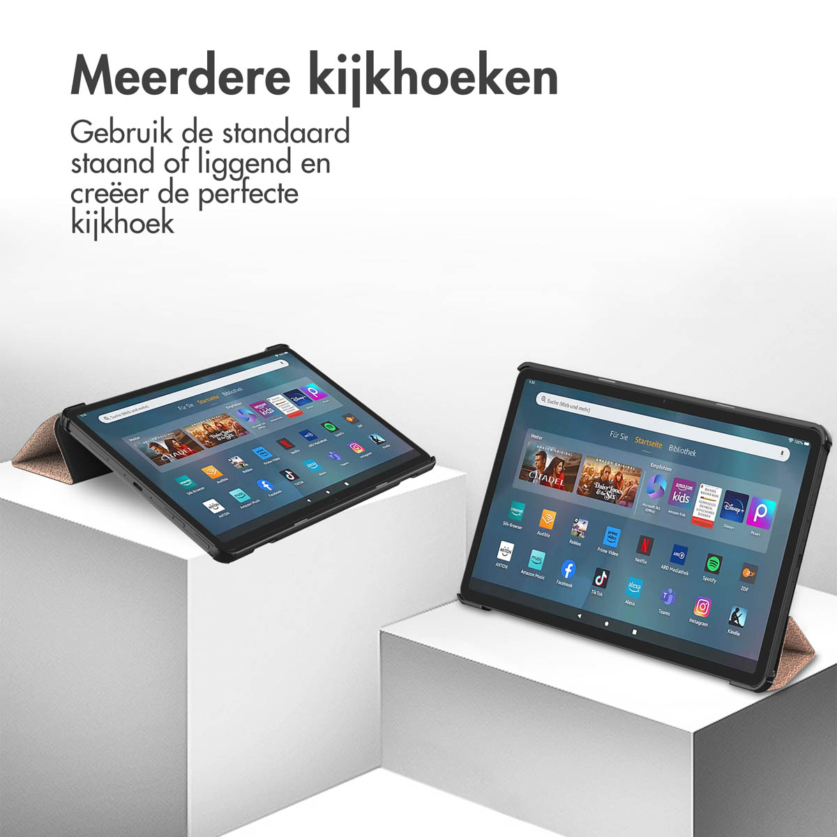 Two tablets on white blocks. Text in Dutch. One tablet is angled with a cover.