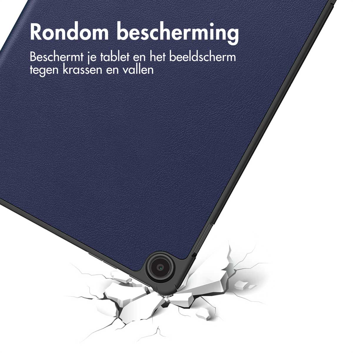 A blue tablet case with a dark blue cover, with a camera hole. Showing protection from scratches and falls.