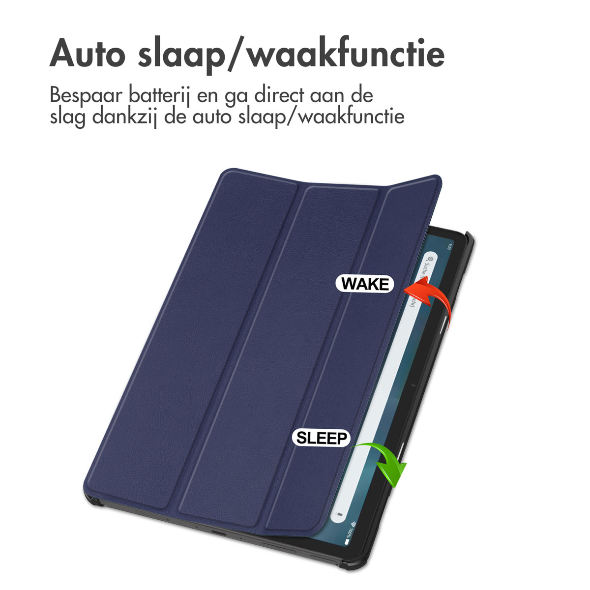 A tablet with a case, showing wake and sleep functions.