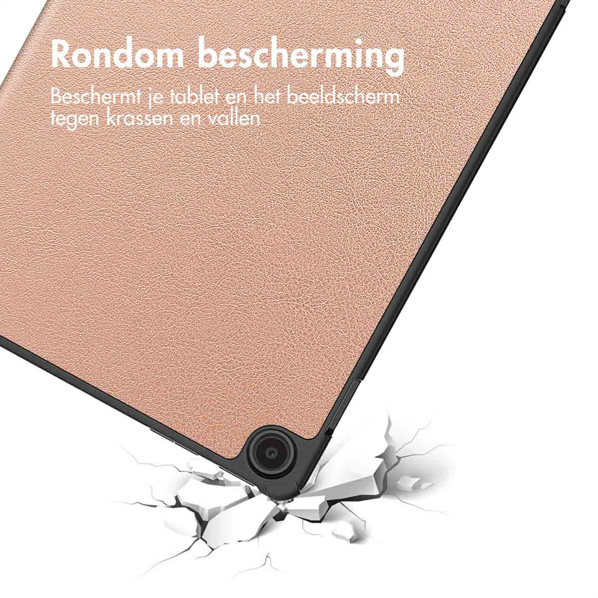 A tablet case, peach-colored, being tested for drop protection. The bottom corner is breaking a white surface.