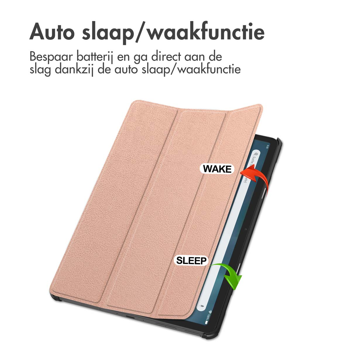Tablet with cover opened. Peach cover with a tablet inside, showing a screen.