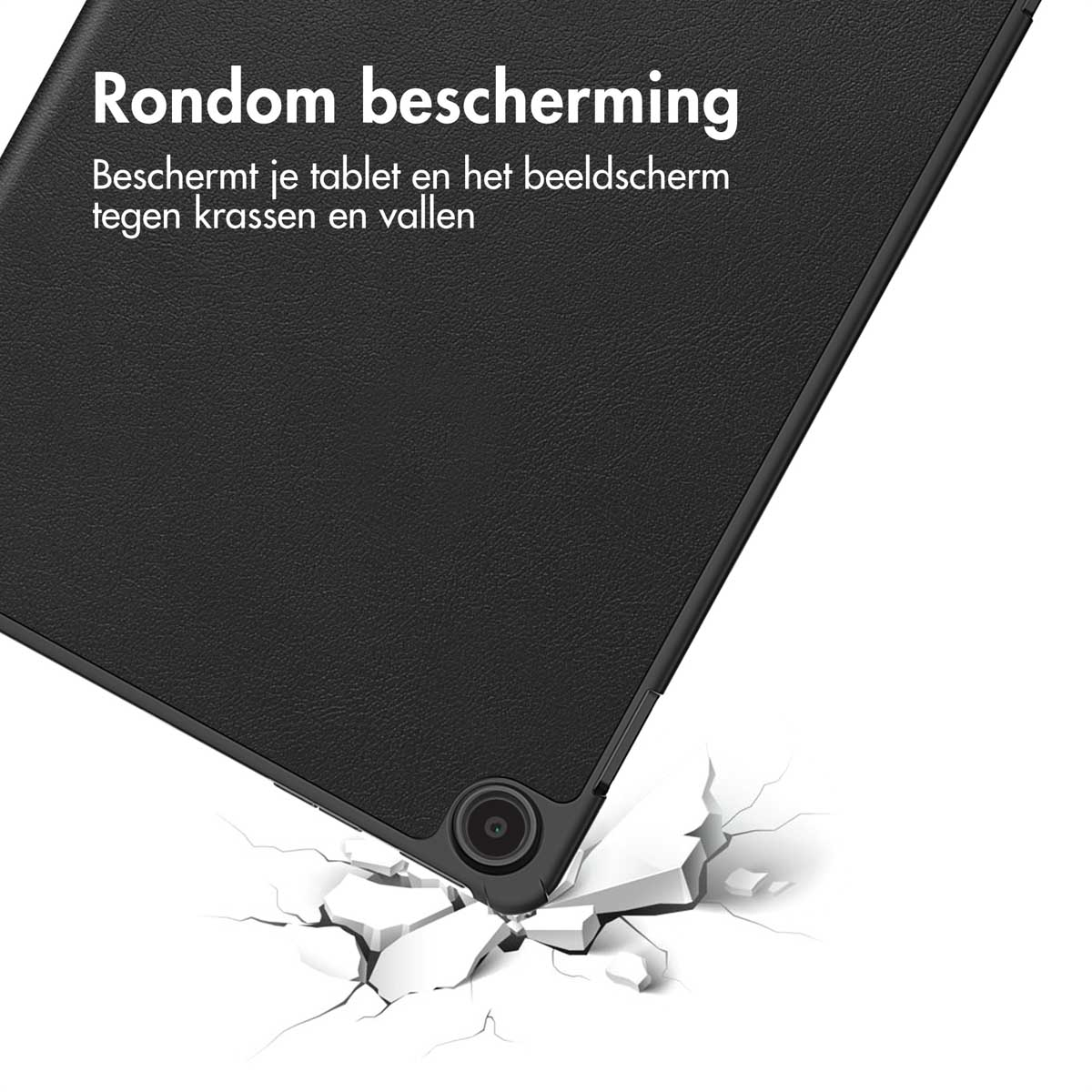 Black tablet with a cracked screen and a black case, shows protection from impacts.