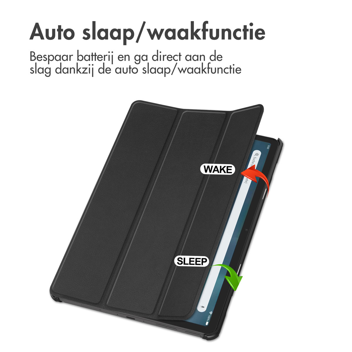 Tablet in a black cover, with a 'wake' and 'sleep' indication.