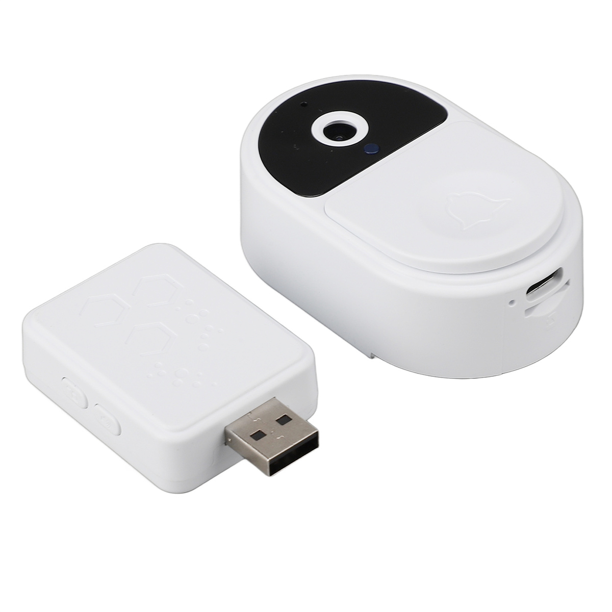Eine weiße Türklingel mit USB-Empfänger und angeschlossenem USB-Dongle.