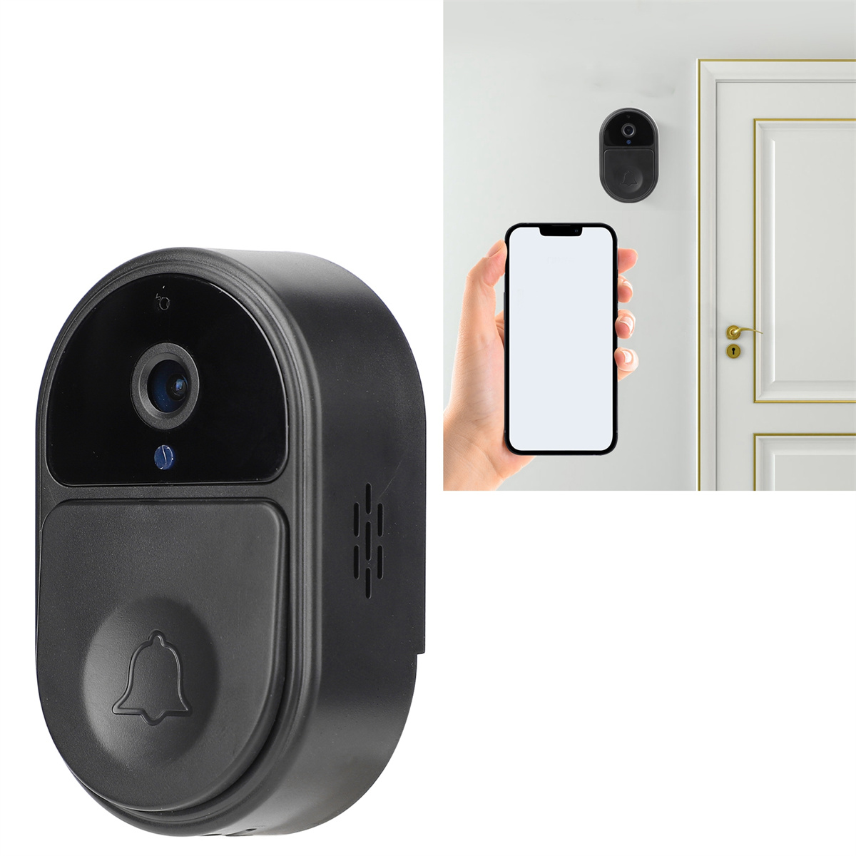 Schwarze Türklingelkamera und Smartphone. Zeigt das Gerät und seine App-Oberfläche.