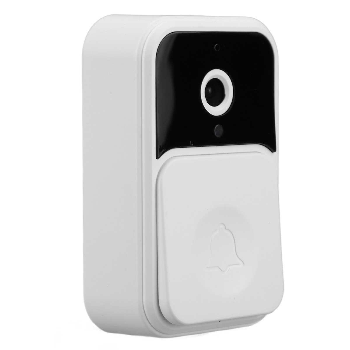 Weiße Türklingel mit schwarzem Sensor und einem Glockensymbol auf weißem Grund.