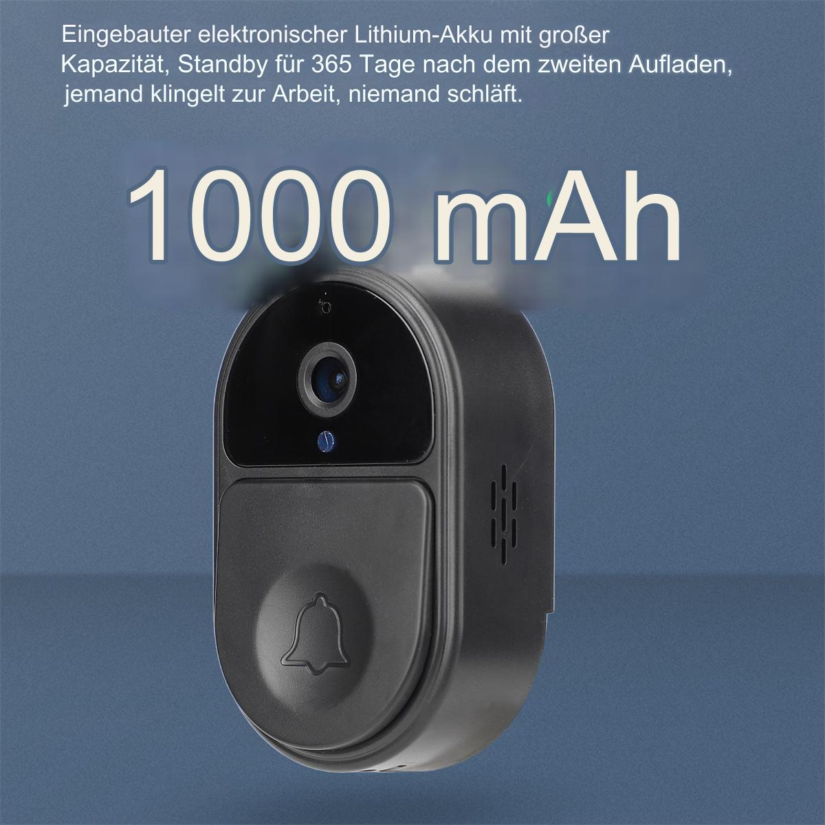 Eine schwarze Türklingel mit Kamera, mit Text, der 1000 mAh und andere Details angibt.