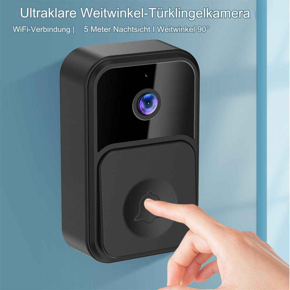 Schwarze Türklingelkamera. Eine Hand drückt gleich den Knopf. Text: Ultraklare Weitwinkelkamera.