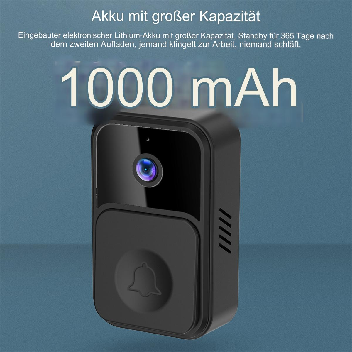 Schwarze Türklingel mit 1000 mAh Akku. Text oben. Die Türklingel hat eine Kamera und eine Glocke.