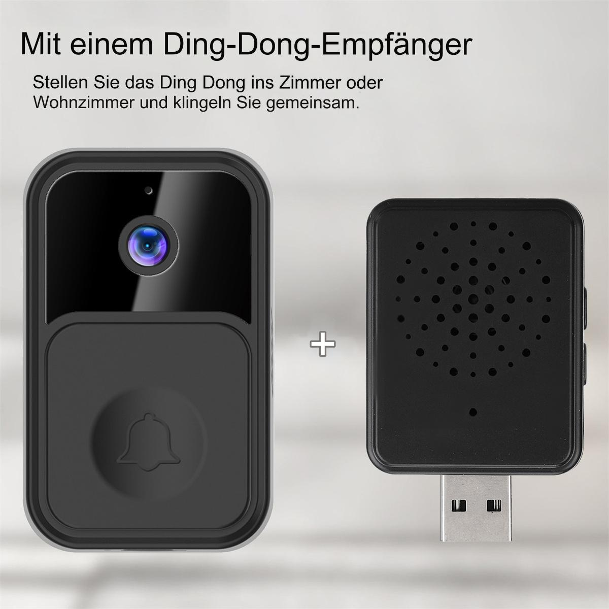 Ein schwarzes Türklingel-Set mit Kamera und Empfänger. Ein Pluszeichen dazwischen.