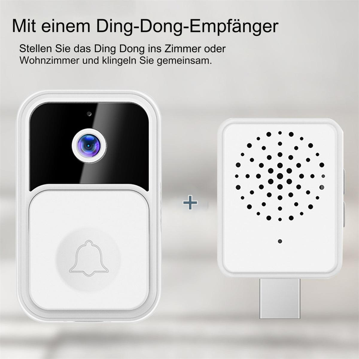 Weiße Türklingel mit Kamera und ein separater weißer Empfänger mit USB-Anschluss.
