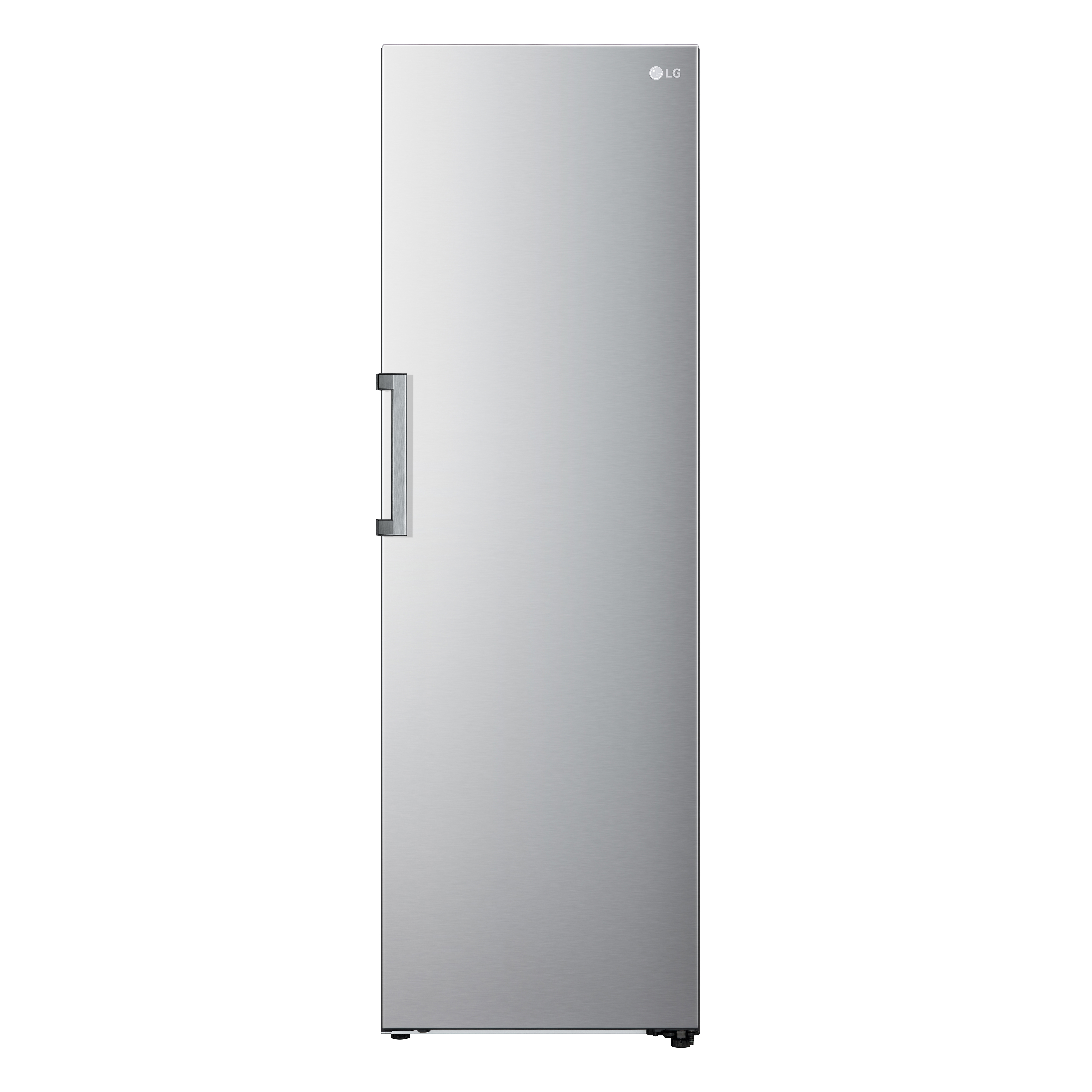 Un refrigerador LG plateado con una sola puerta y un asa. Es alto y está contra un fondo blanco.