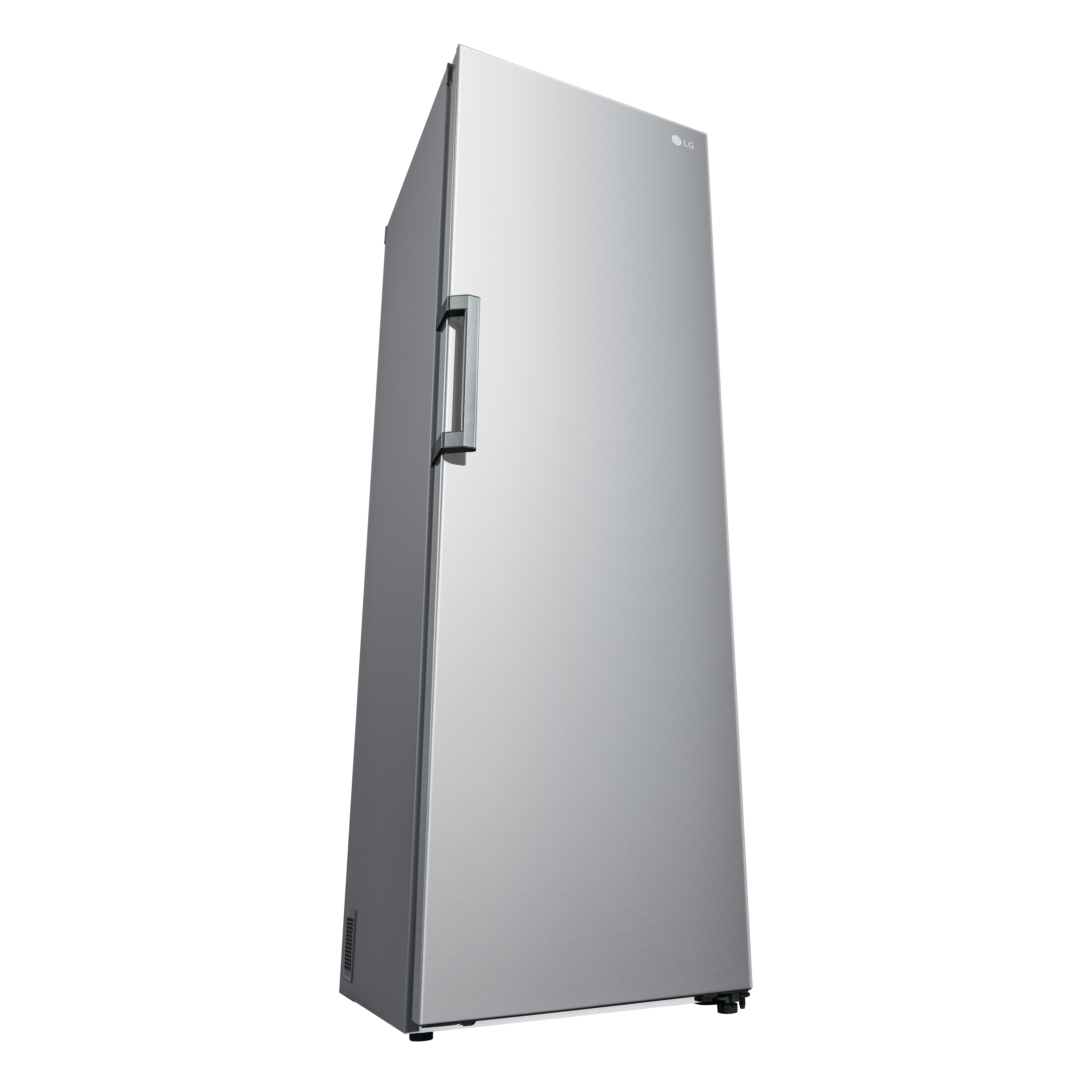 Refrigerador LG plateado sobre un fondo blanco.