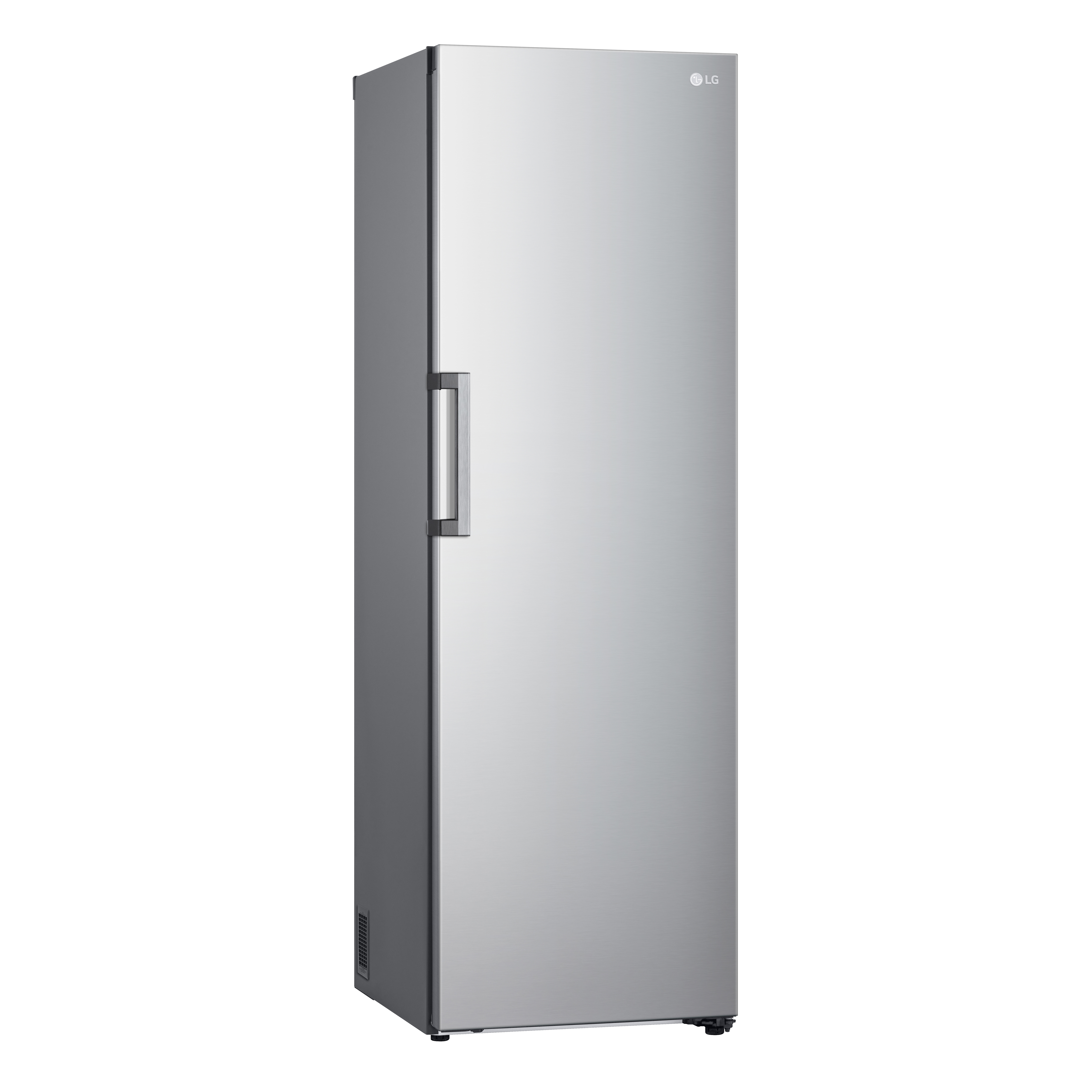 Un refrigerador alto, plateado, con una sola puerta y un asa.