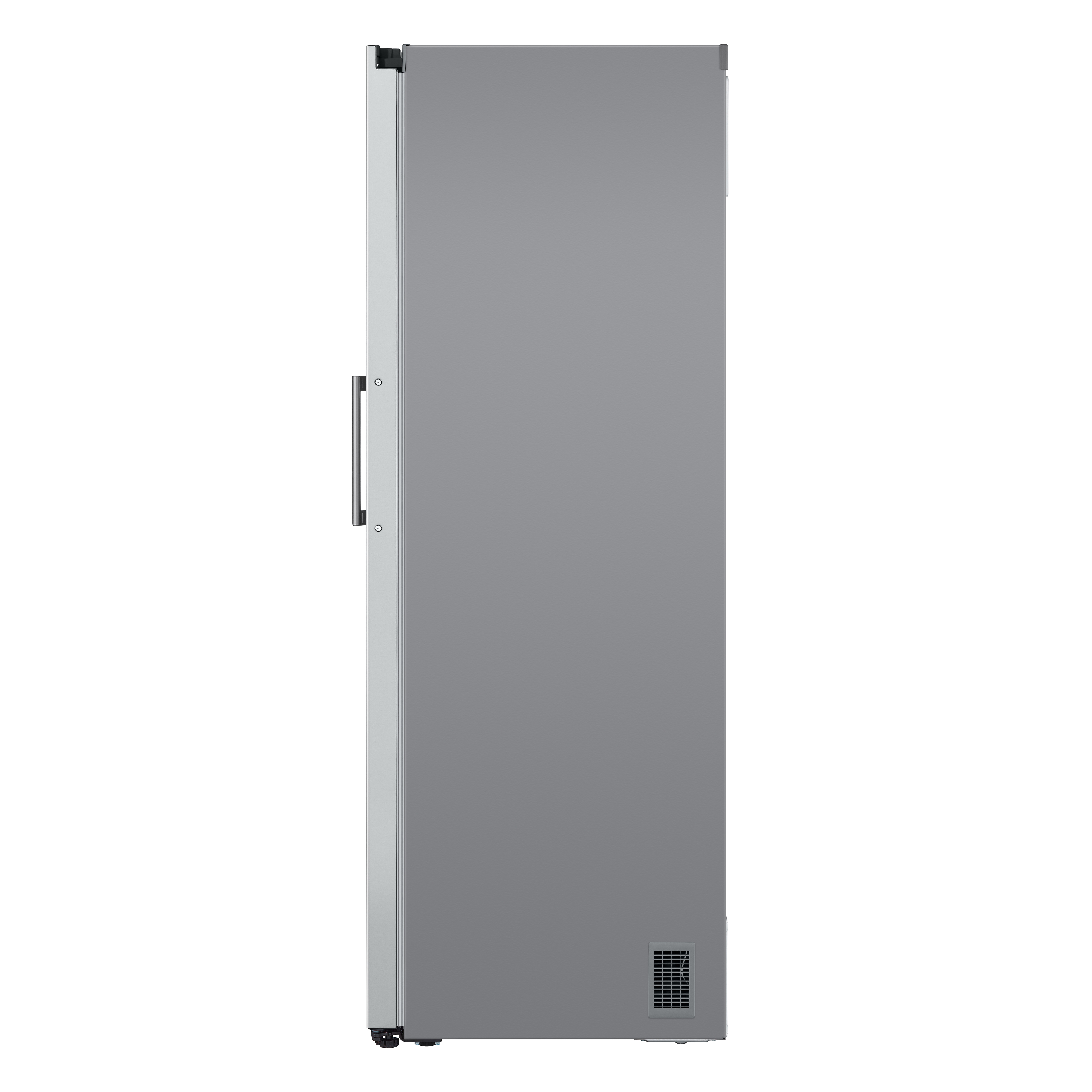 Un refrigerador alto y gris, visto de lado.