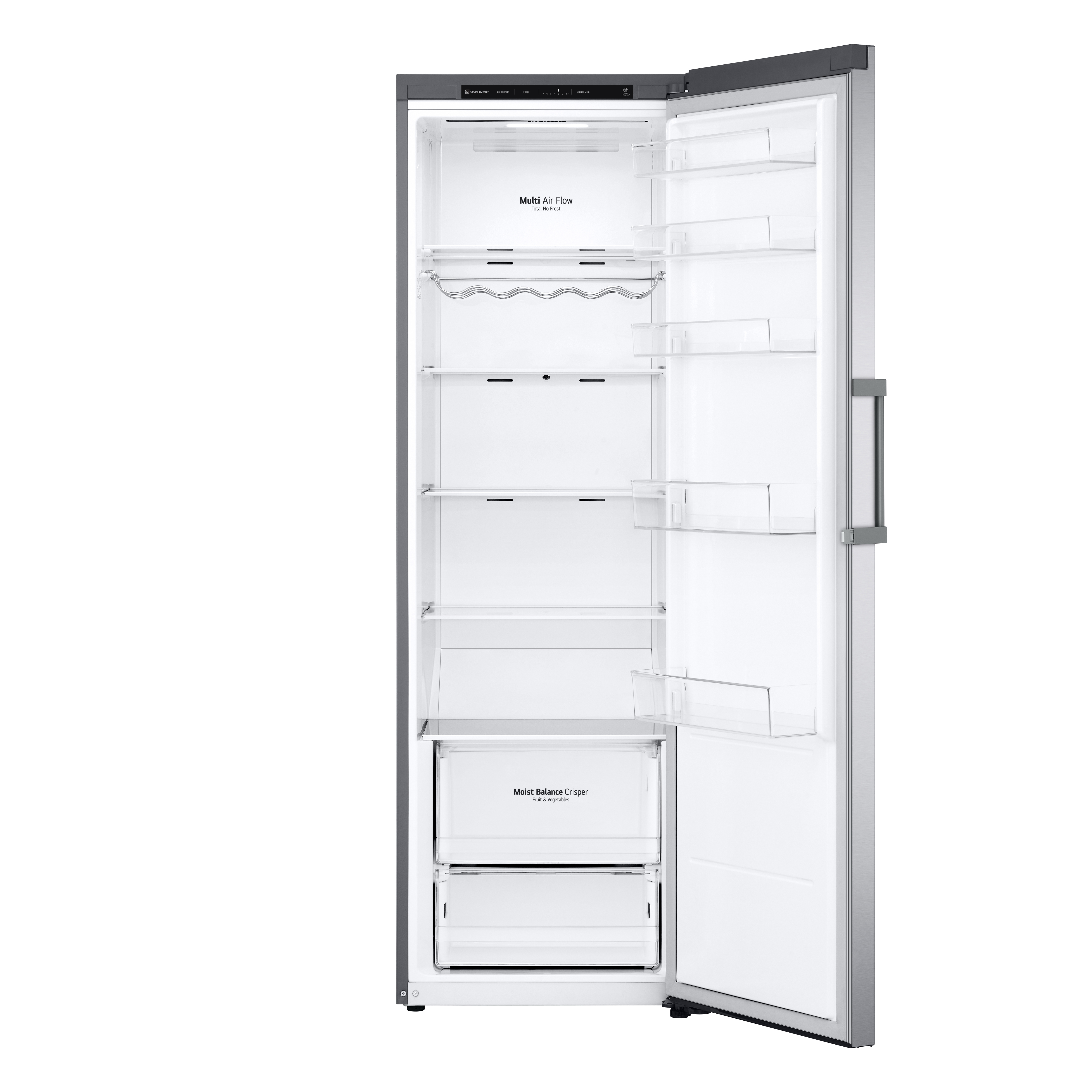 Refrigerador abierto con estantes, cajones y el texto Multi Air Flow.