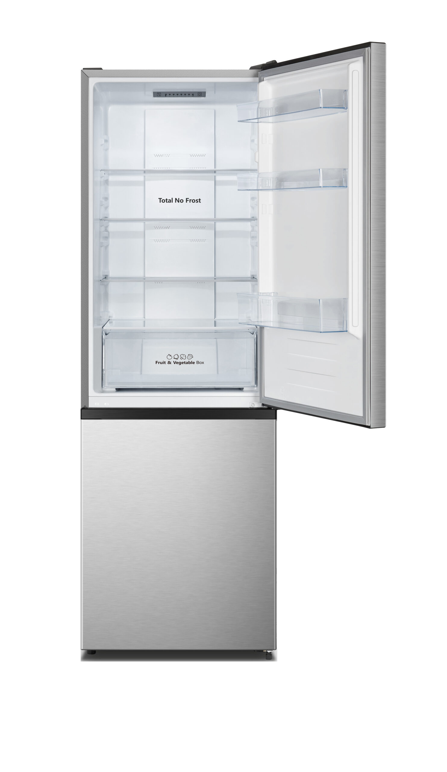 Refrigerador abierto con múltiples estantes, un cajón y la puerta abierta. El interior está limpio y vacío.