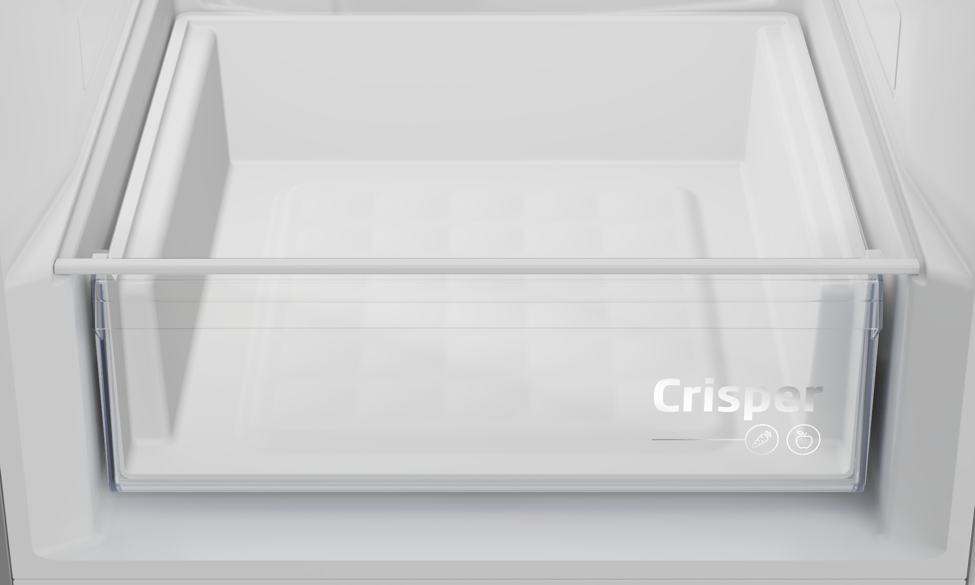 Zbliżenie na szufladę na warzywa w lodówce. Szuflada jest pusta i ma napis "Crisper".