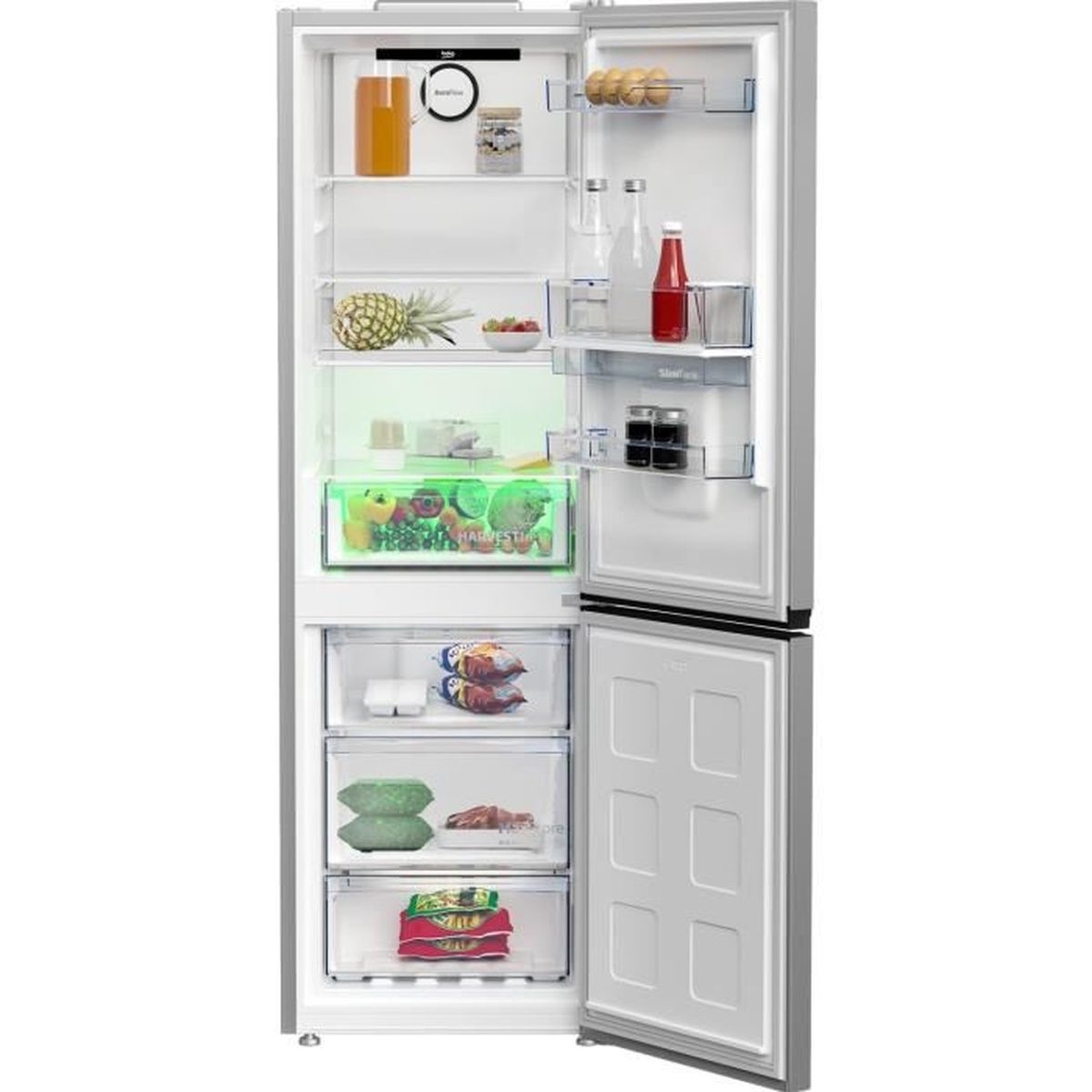 Kühlschrank mit offenen Türen. Innen Früchte, Gemüse, Getränke und Behälter. Grüne HarvestFresh-Zone.