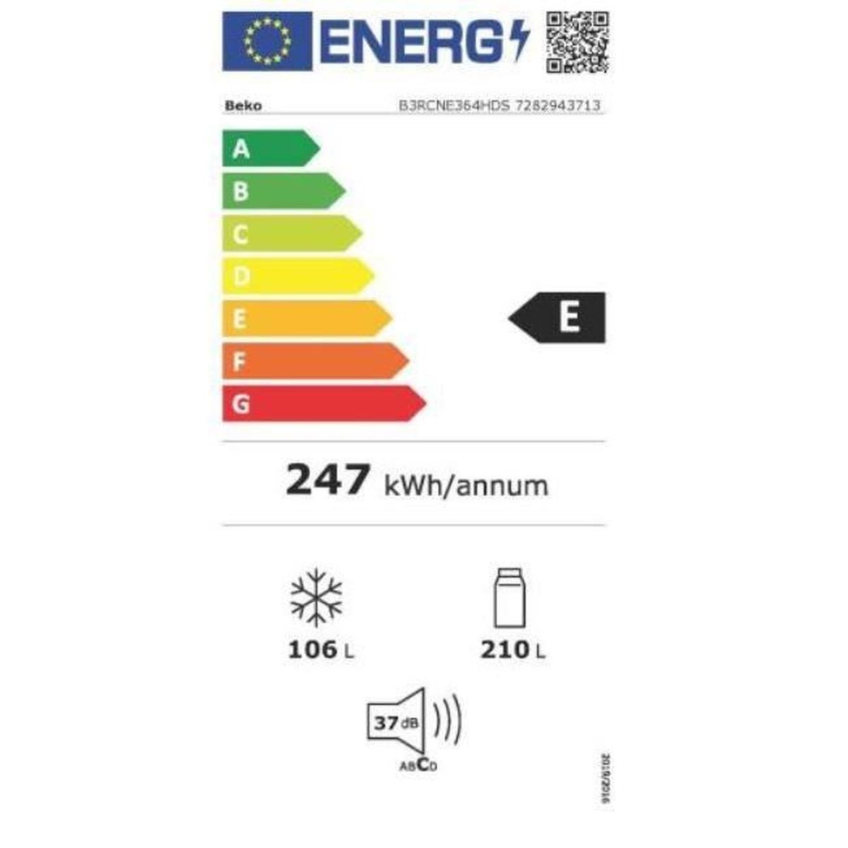 Energielabel mit einem Beko-Kühlschrank. Zeigt die Energieeffizienzklasse E und weitere Details.