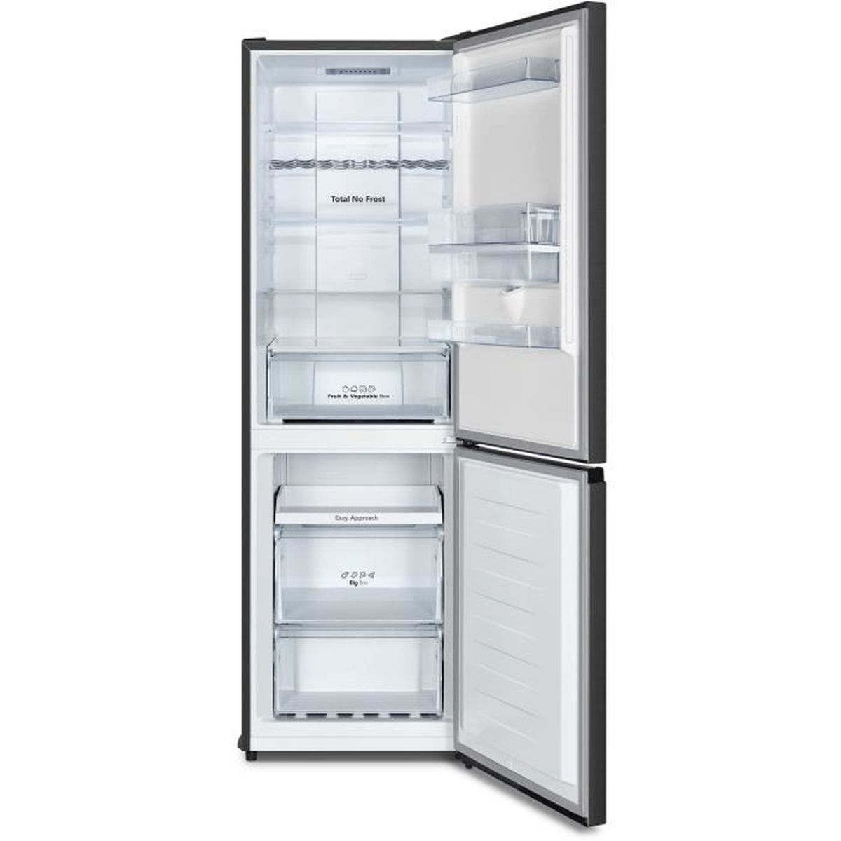 Offener Kühlschrank mit Regalen und Schubladen. Das Gefrierfach befindet sich unten und der Kühlschrank oben. Der Innenraum ist weiß.